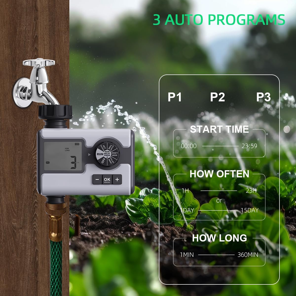 Garden Sprinkler Timer Dial Hose Faucet Programmable Water Timer with Rain Delay,Manual, Automatic Watering System Irrigation,1 Outlet