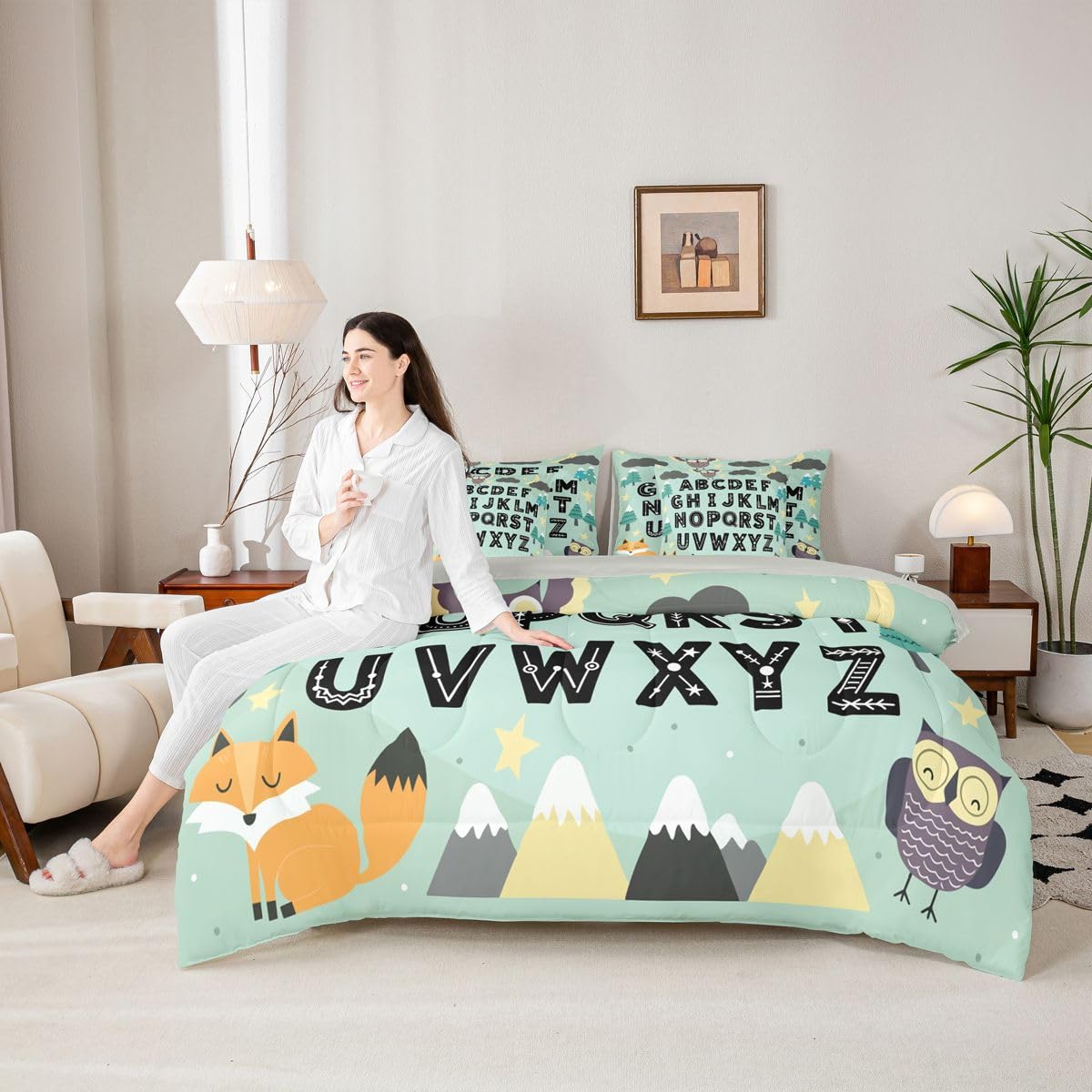 Feelyou Alphabet Kids ABC Learning Comforter Set Twin Size 7 PCS Cute Fox Bedding Set Kids Boys Girls Educational Art Bed in a Bag with Comforter & Sheets Sets & Cushion Covers Animals Bedroom Decor