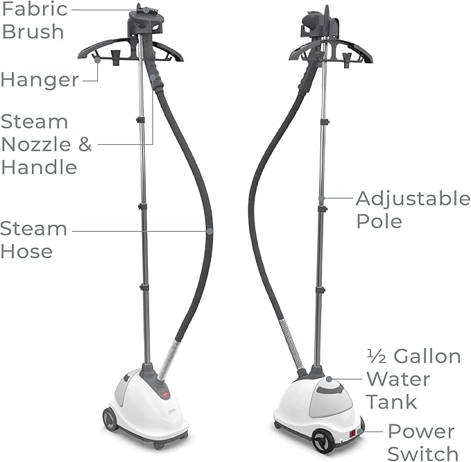 Pure Enrichment PureSteam XL Standing Fabric Steamer - Professional Wrinkle Remover Heats in 45 Seconds; 1/2-Gallon Tank for 1 Hour of Steaming; Easy-Roll Wheels, Garment Hanger, & Fabric Brush