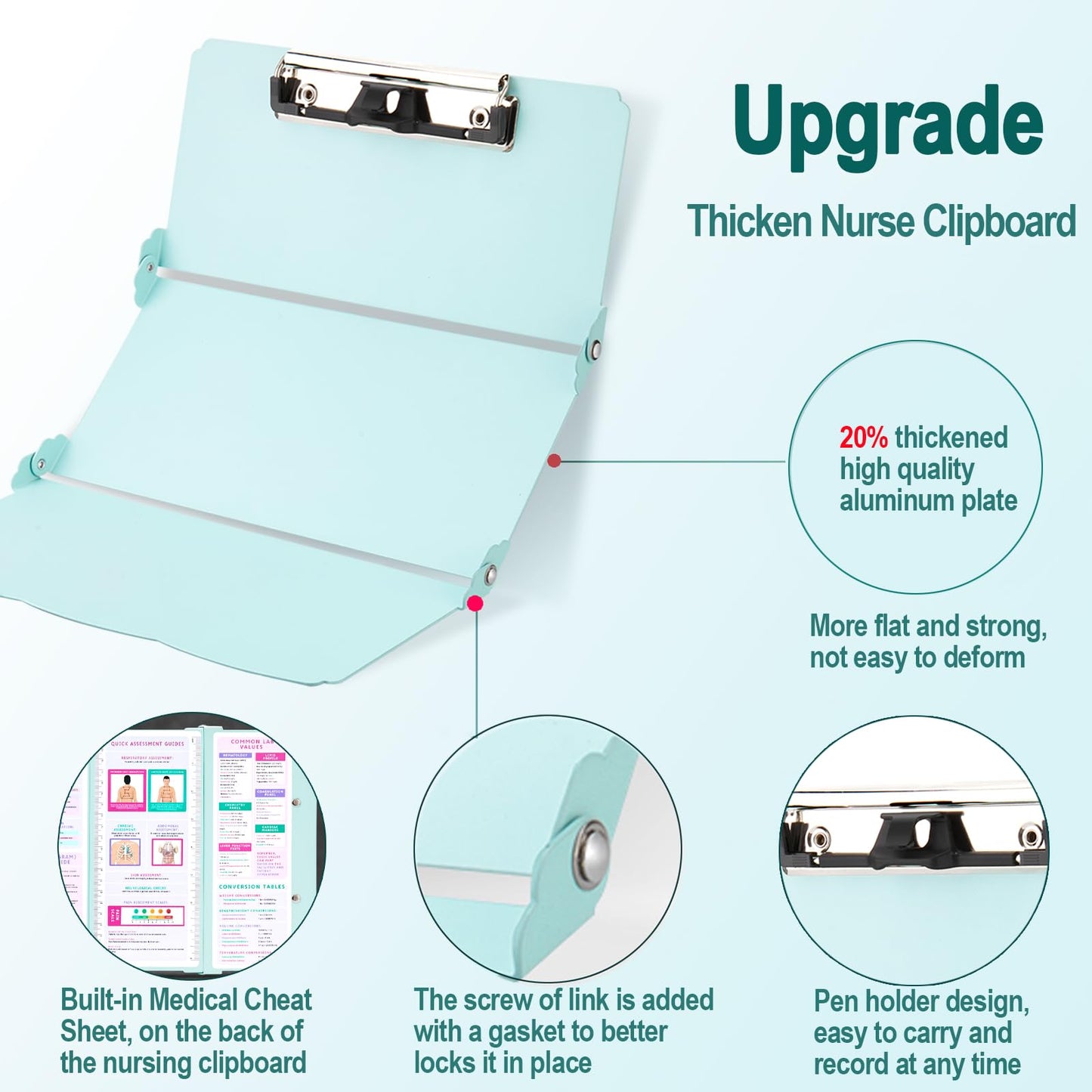 Nursing Clipboard Foldable, Thicken Aluminum Trifold Nursing Clipboard, Nursing Pocket Size Nurse Clipboards with Pen Holder, Nursing Edition Cheat Sheet for Students, Nurses and Doctors, Mint