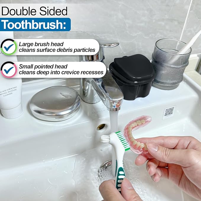 Denture Bath Case Retainer Cleaner Case with Strainer Basket, Denture Cup Dental Retainer Holder Case for Soaking Mouthguard Cleaning Storage Box Case - Black and White