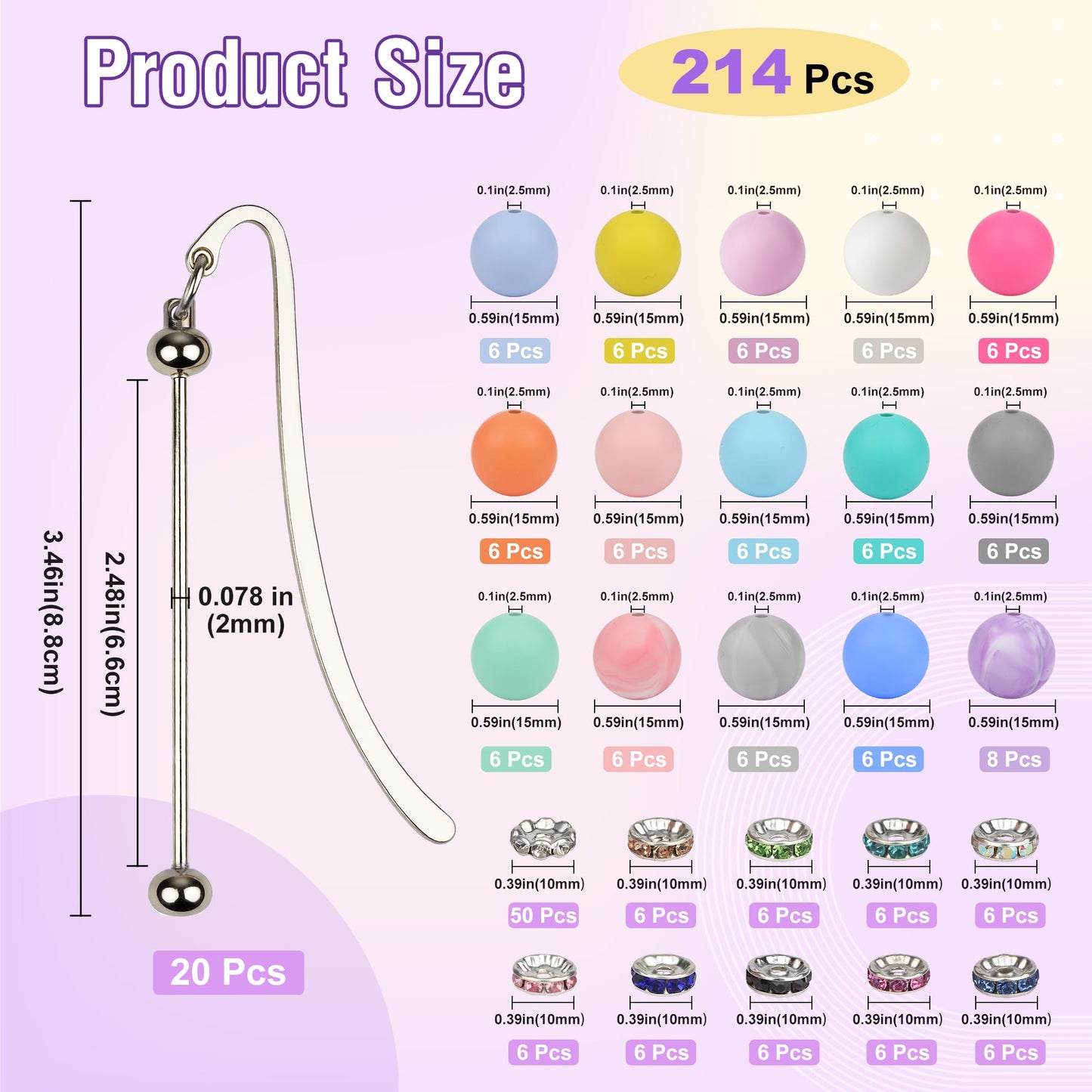 HOMAR 214 Pcs Beadable Bookmarks DIY Beading Bookmark Craft Kit, 20 Pcs Silver Metal Bar Bookmarks with 194 Beads, Bookmarks for Modern Beaded Craft, Gift for Book Lovers, Students, Teachers