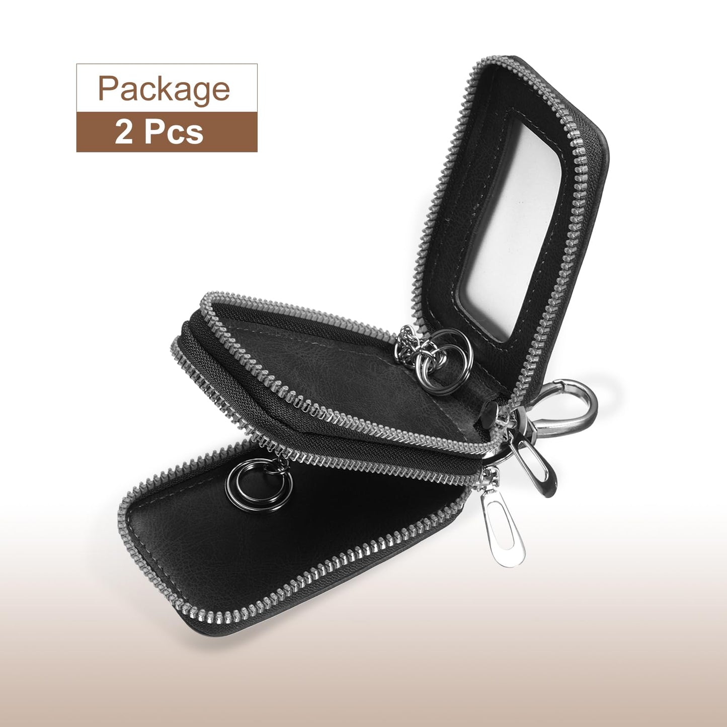 HARFINGTON 2Pcs Double Car Key Fob Case Leather RFID Smart Key Chain Keychain Holder with Metal Hook Keyring Zipper Bag for Remote Key Fob, Black