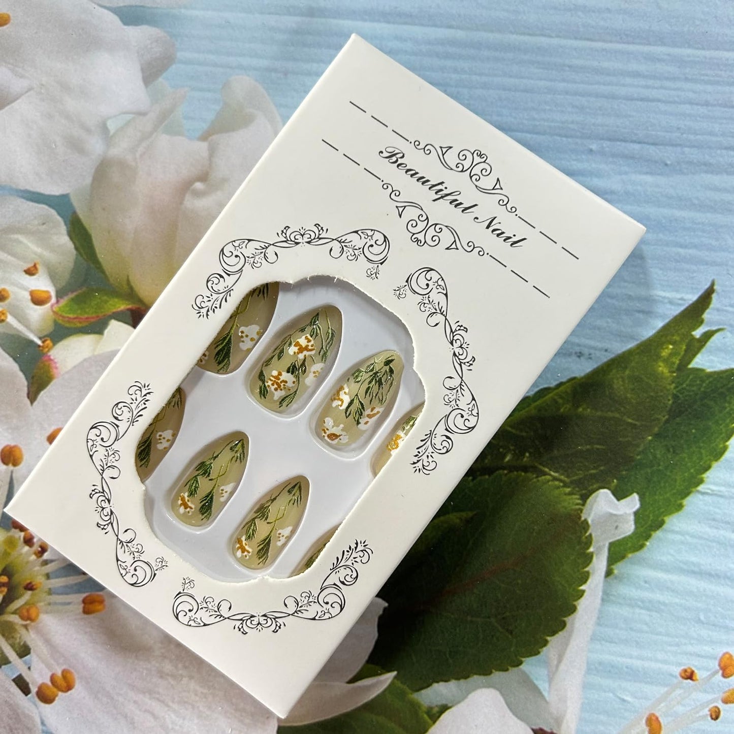 Press on Nails Medium Almond Shaped Flowers and Grass Pattern Design Acrylic Fake Nail Full Cover Glossy Artificial Fingernails Blossom Stick on Nail Press Ons Reusable Glue on Nails for Women 24Pcs