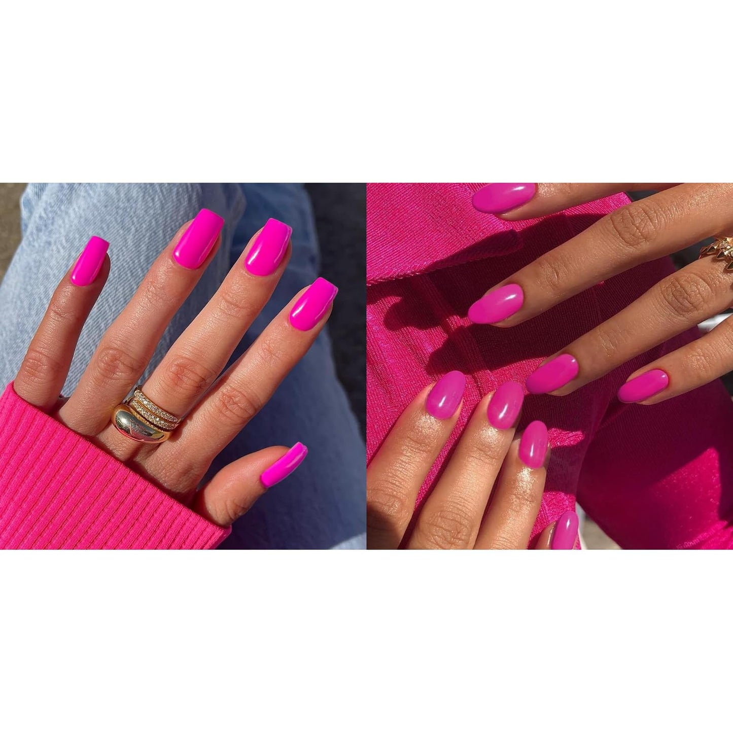KQueenest Hot Pink Press on Nails Short Medium Square&Hot Pink Press on Nails Short Oval For Beach Party Daily Decoration in 48 PCS