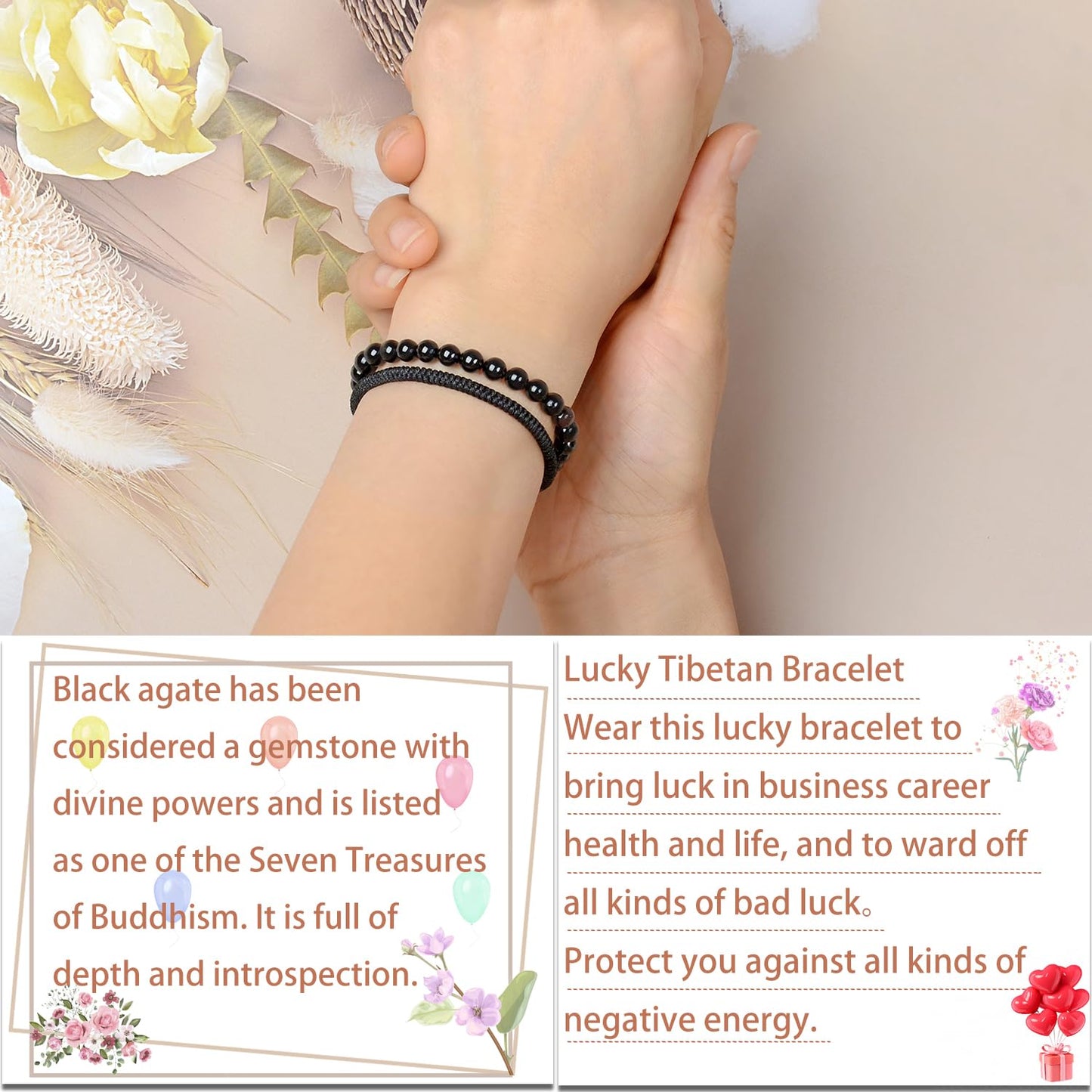 LPBeads 6mm Black Onyx Bracelet with Handmade Rope Bracelet Size Adjustable Natural Stone Crystal Healing Bracelets Gifts for Unisex Adults