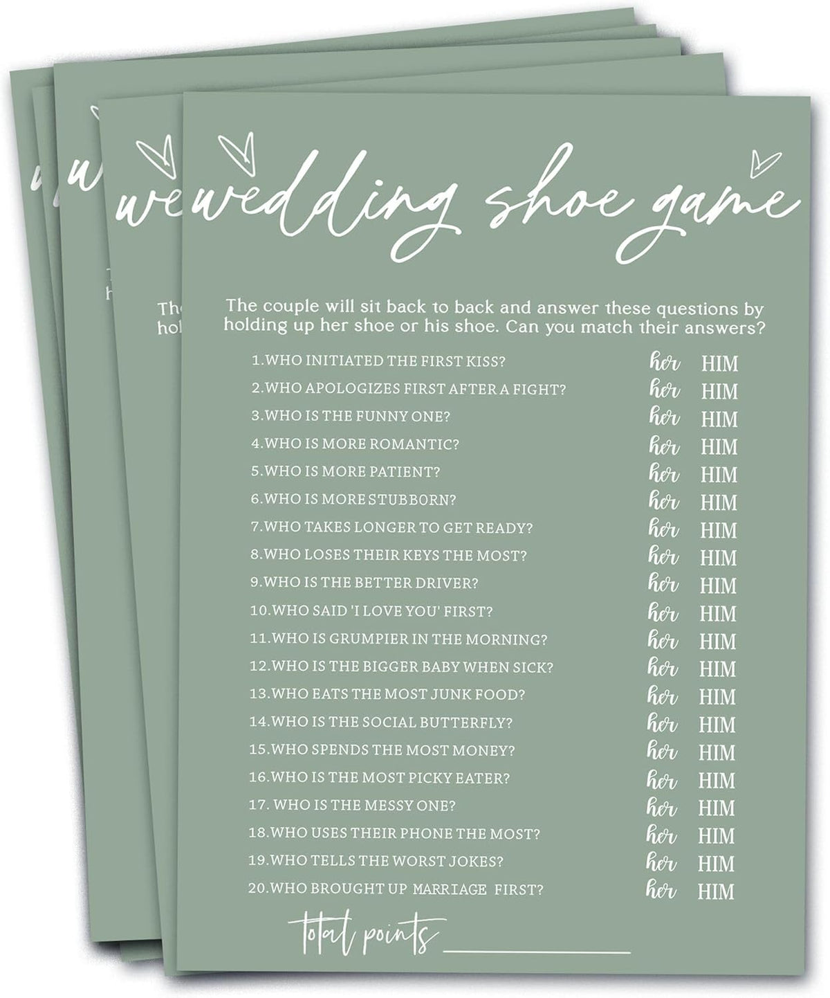 Bridal Shower Games Cards, Wedding Shoe Game, Bridal Shower Games 25 Guests, Engagement Party Wedding Games for Guests, Minimalist Green Wedding Party Supplies - C04