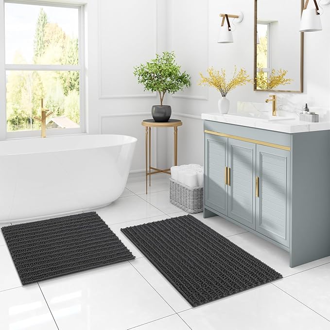 Arotive Luxury Chenille Bathroom Rug Mat, Extra Soft Thick Absorbent Shaggy Bath Rugs, Non-Slip Machine Wash Dry, Plush Bath Mats for Bathroom, Shower and Tub, 50x30, Dark Grey