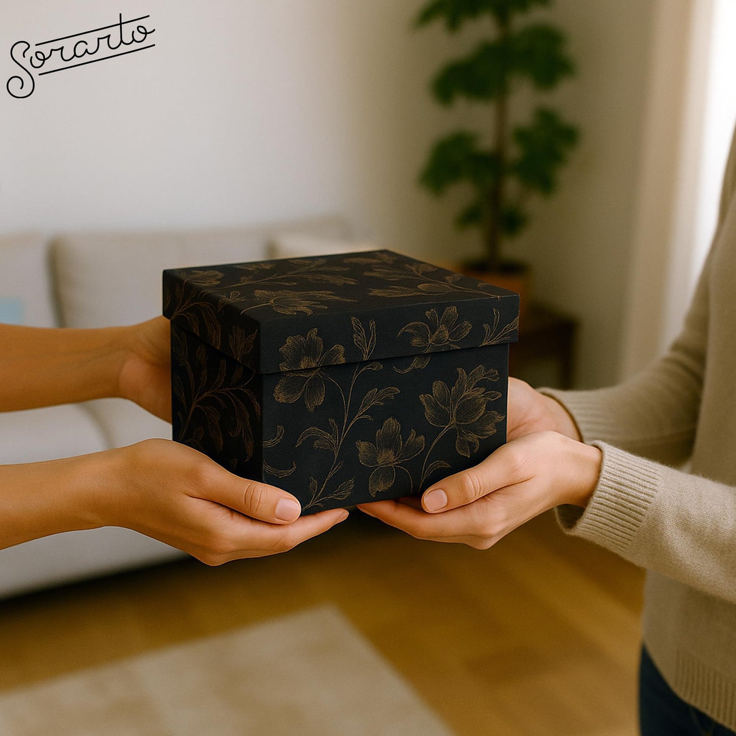 Sorarto Square Gift Boxes with Lids 4pc Set | Black Gold Floral Nesting Gift Boxes for Presents Birthday Wedding Bridesmaid Christmas