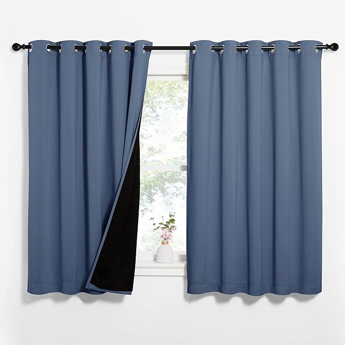 NICETOWN 100% Blackout Curtains 63 inches Long, Pair of Energy Smart & Noise Blocking Out Drapes for Baby Room Window, Thermal Insulated Guest Room Lined Window Dressing (Stone Blue, 62 inches Wide)