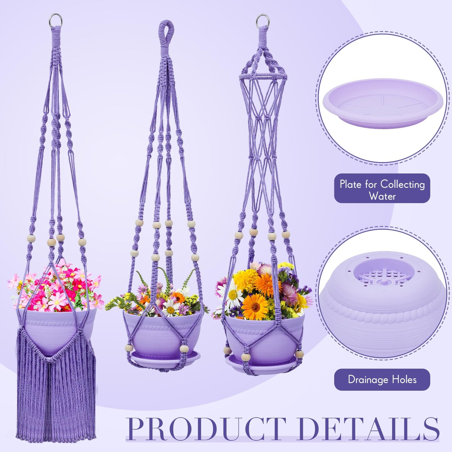 Hushee 3 Pack Crochet Macrame Plant Hanger Hanging Planters for Indoor Plants with Trays and Hooks Hanging Plant Holder Pot with Drainage Hole Boho Plant Hanger for Outdoor Flower Gardening Gift Decor