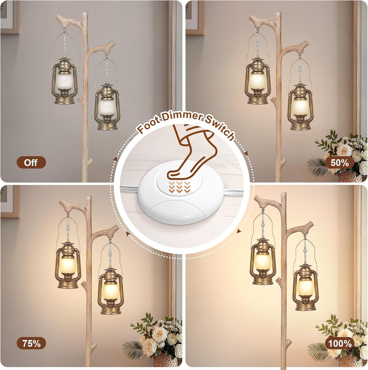 Scenekoy Vintage 68” Tall Floor Lamp with Lanterns, Retro Standing Lamp Tree Trunk Finish & Resin Body, Rustic Dimmable Corner Lamp Stand Up Light with Bulb Prefer for Living Room Bedroom Home Decor