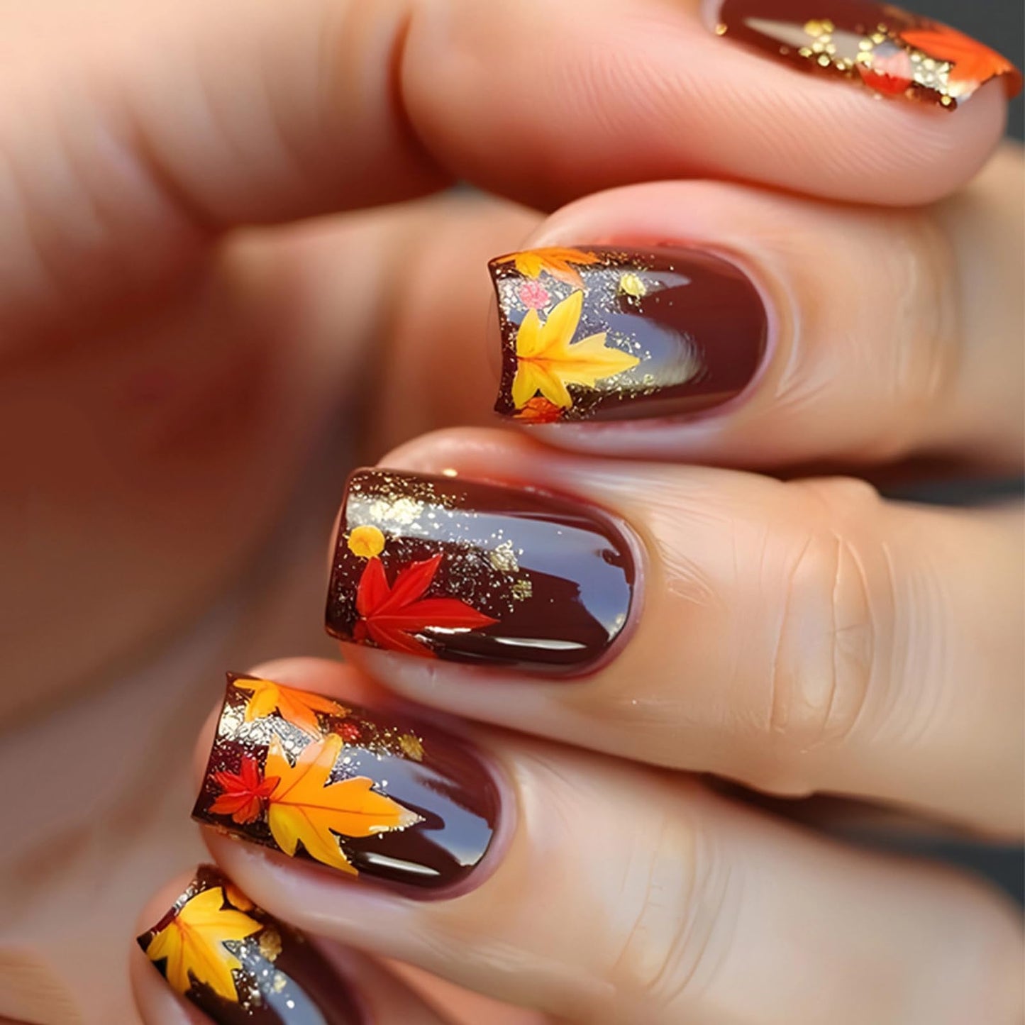 MISUD Press on Nails - Short Square Fake Nails with Fall Brown, Acrylic Autumn Maple Leaf Design 24 pcs