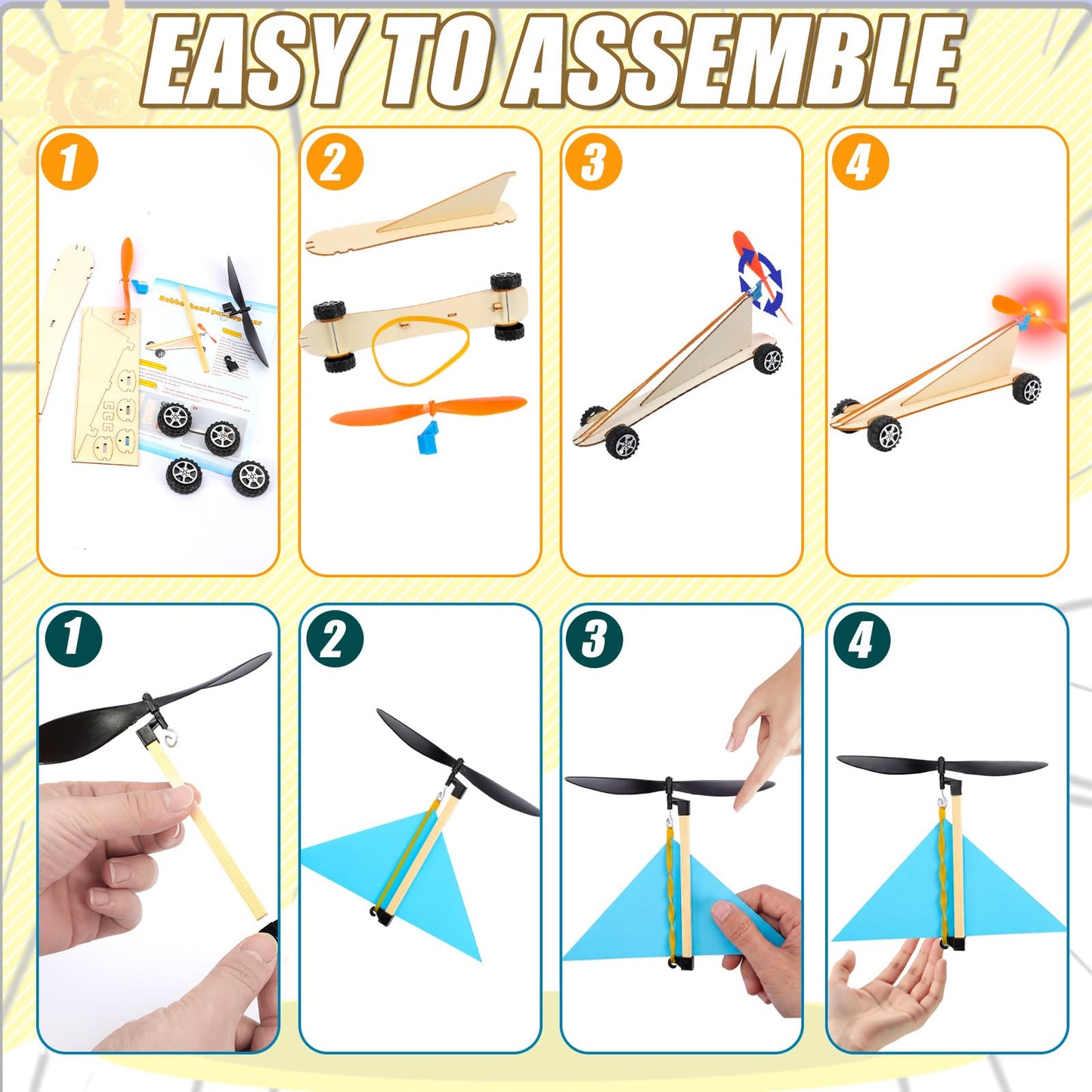 Teyva Daily 24 Set Rubber Band Helicopter and Propeller Car Kit DIY Bulk Stem Crafts Project with Complete Materials and Instructions for Science Fair, Group Activities