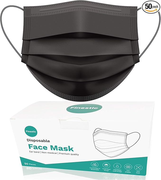 Disposable Face Masks 3 Ply Breathable Premium Quality Face Mask (50 Pcs, Black)