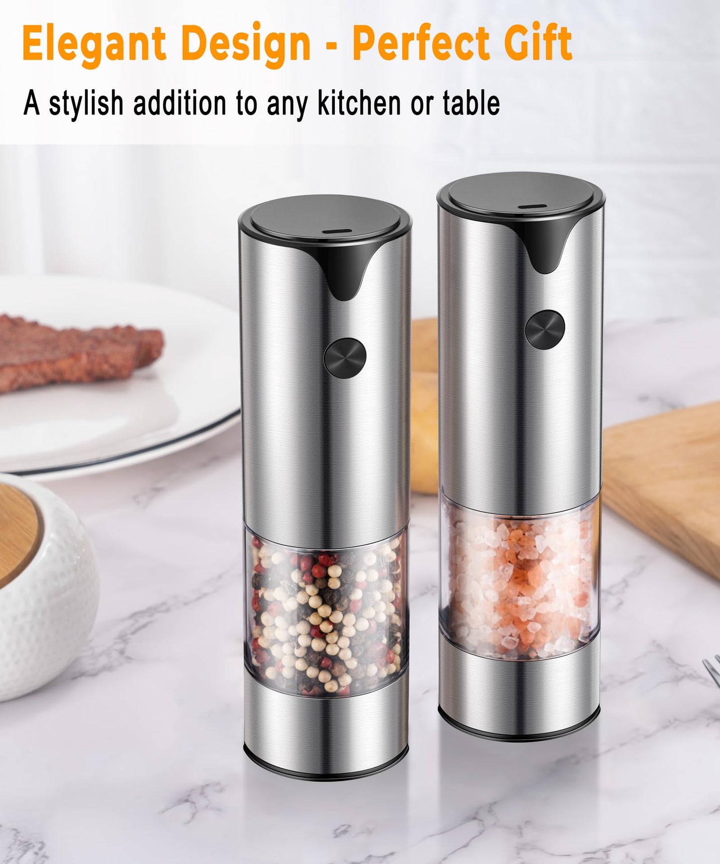 Rechargeable Electric Salt and Pepper Grinder Set - Extra Large Capacity - Automatic Black Peppercorn & Sea Salt Spice Mill Set with Adjustable Coarseness & LED Light Refillable