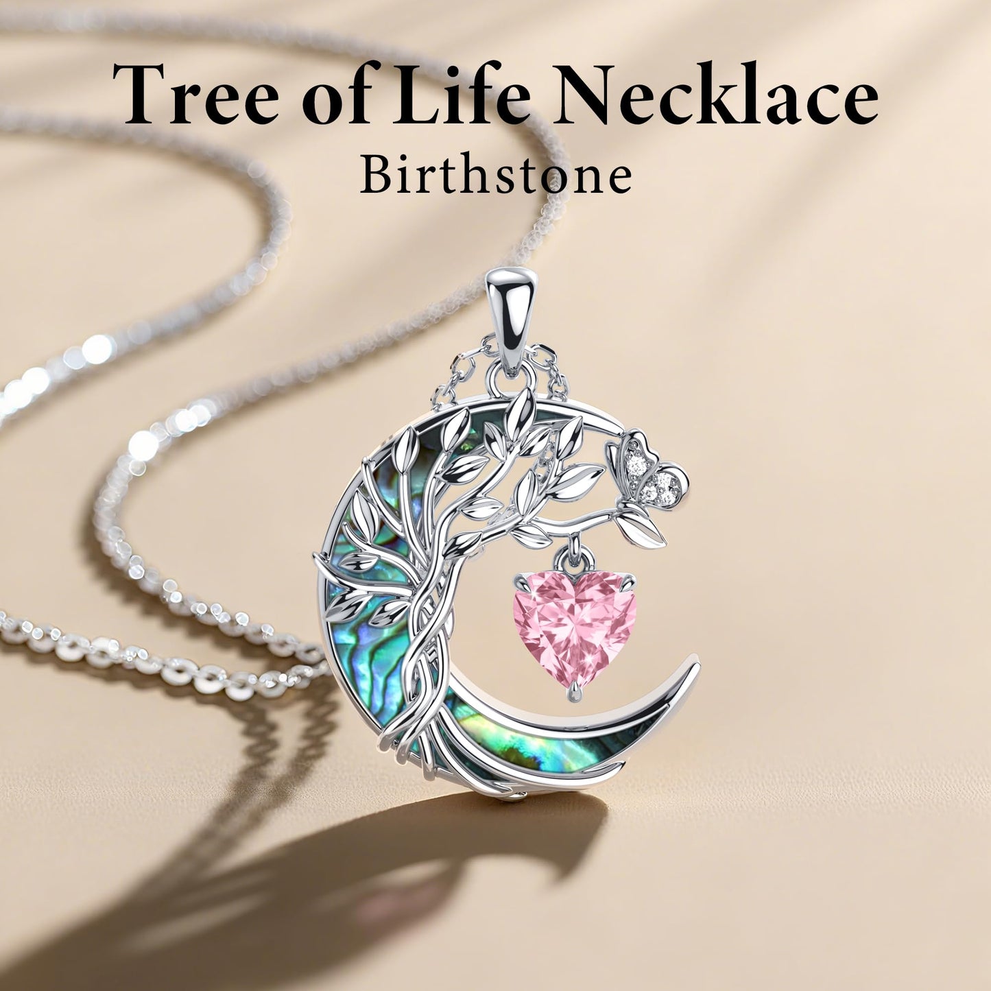 Distance Women's Tree of Life Abalone Shell Moon Heart Birthstone Necklace, S925 Sterling Silver, Pink October Birthstone, 45cm Chain