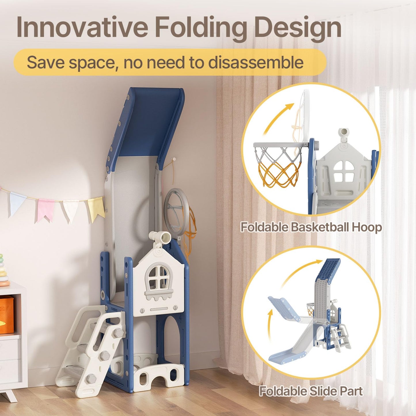 BIERUM 6 in 1 Toddler Slide - L-Shaped Baby Slide for Toddlers Aged 1-3 with Basketball Hoop, Telescope Toy and Anti-Slip Pads, Indoor Outdoor Toddler Playset, Blue Gray