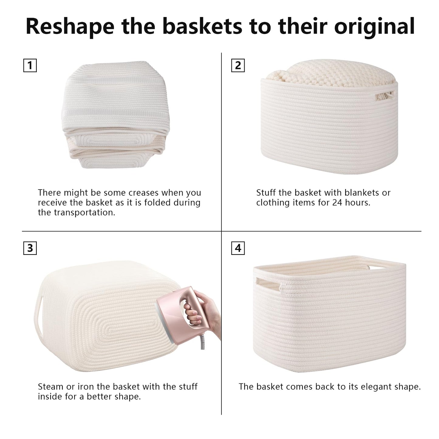 OIAHOMY 4 Pack Storage Baskets for Organizing, Cube Storage Bins for Shelves, Rectangle Storage Baskets With Handles, Woven Baskets for Storage, 16''Lx12''Wx8''H, White