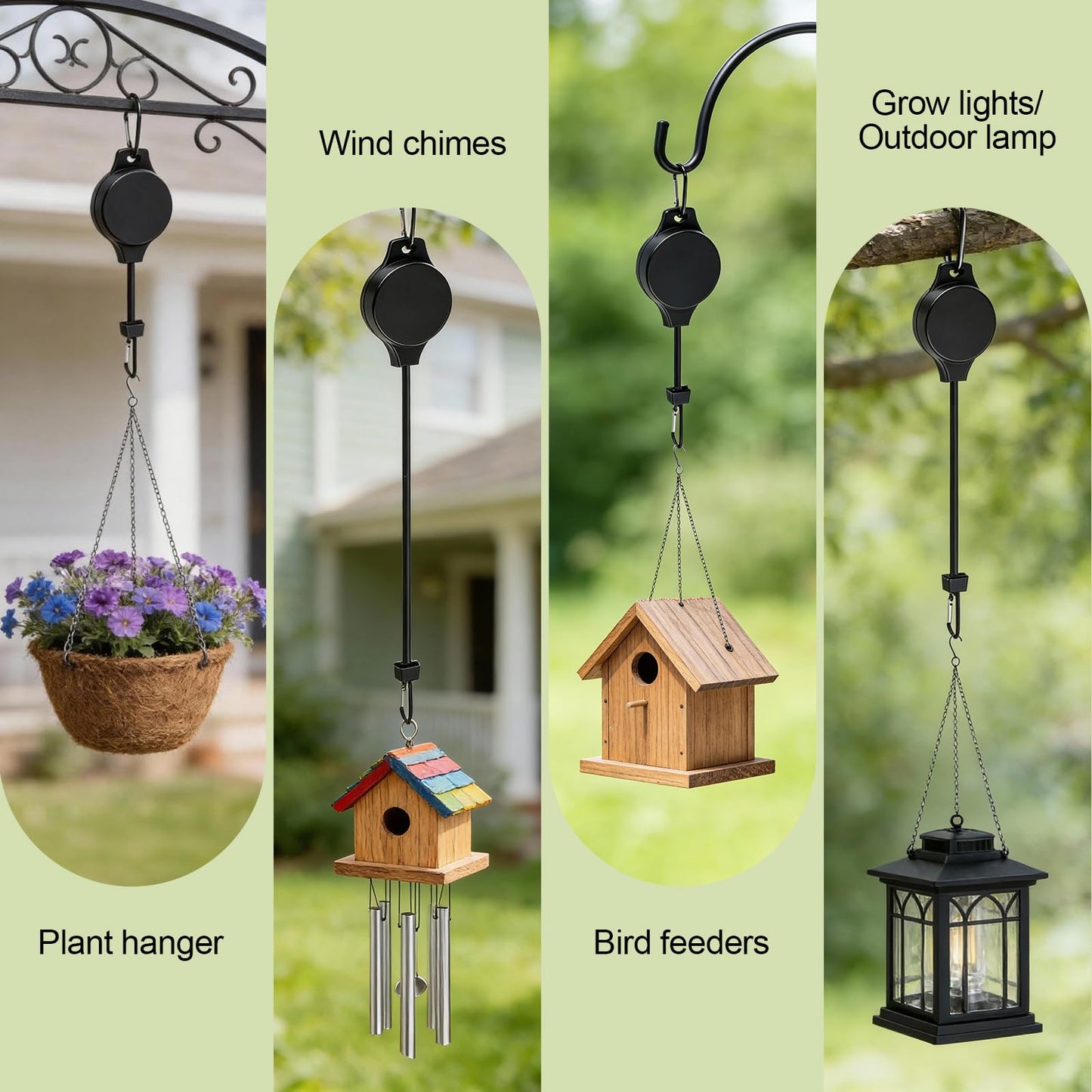 TERVEEX Retractable Plant Hanger with Pulley System, Effortless Raising and Lowering for Indoor and Outdoor Plants, Hanging Planters, Garden Pots & Bird Feeders (4-Pack,Black)
