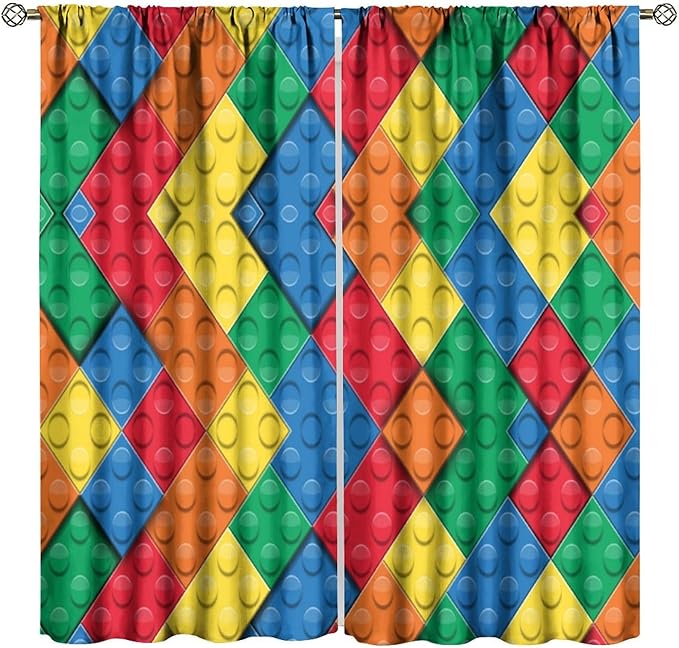 Kids Building Blocks Toy Curtains Boy Girl Room Printed Curtains Abstract Colorful Bricks Children's Nursery Blackout Curtains 63x63 Inches 2 Panels