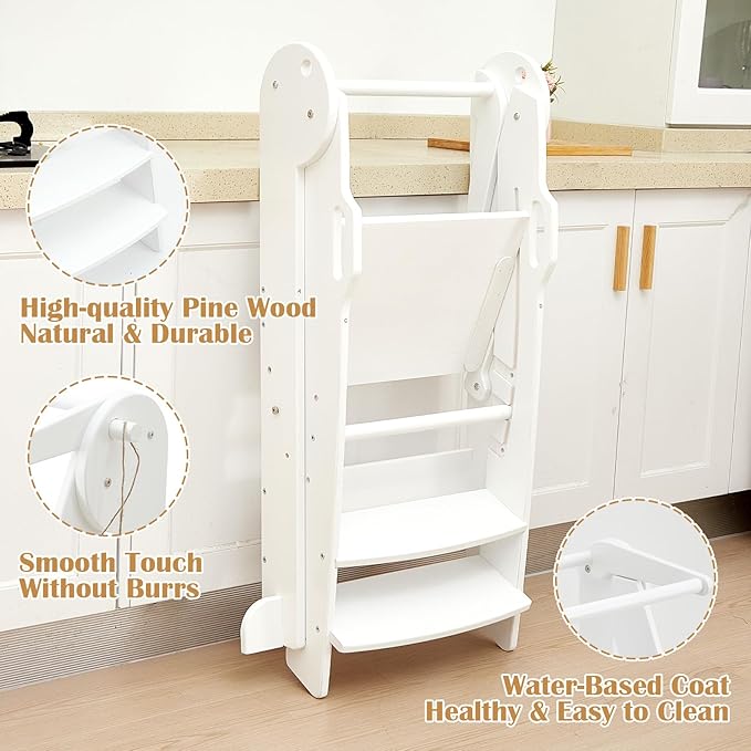 FUNLIO Foldable Kitchen Step Stool for Kids 2-6 Years, Montessori Step Stool, 3-Level Height Adjustable Standing Tower, Easy to Assemble, CPC & CE, White