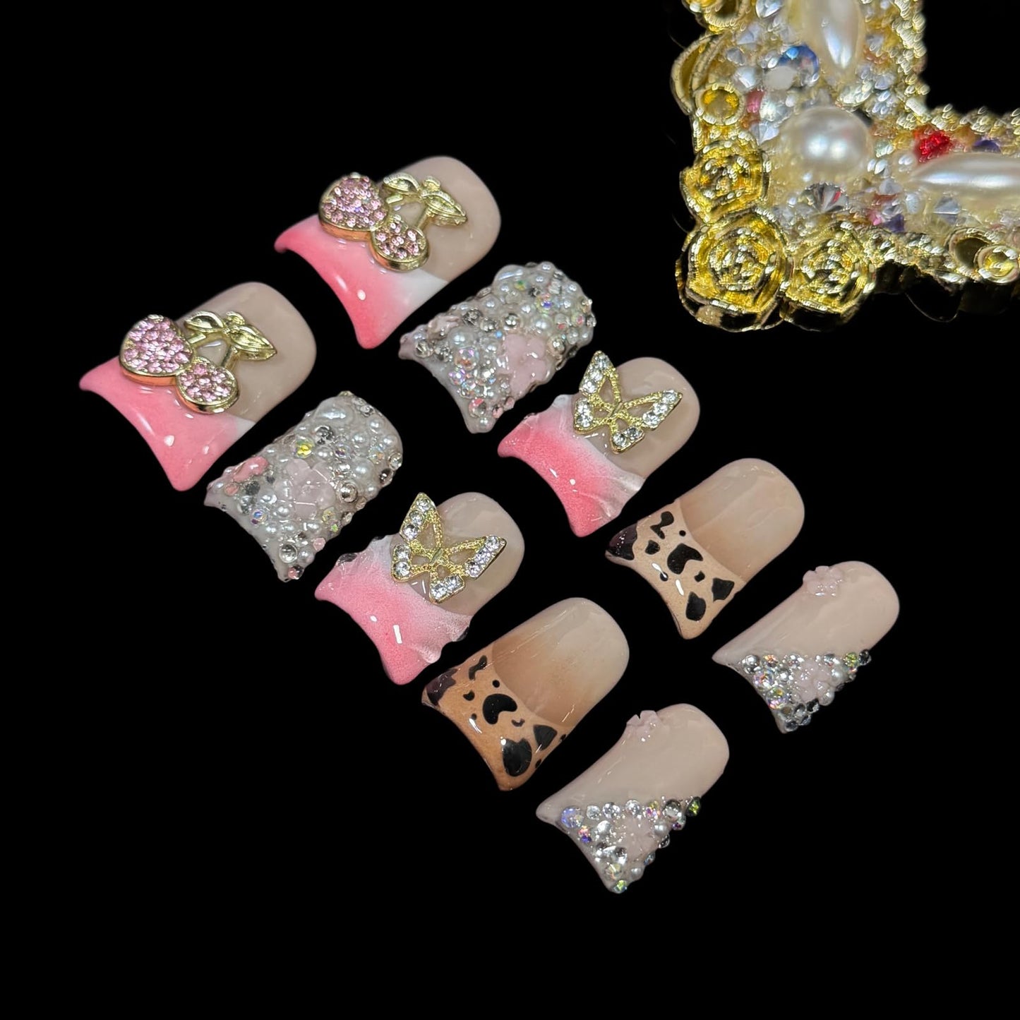 Handmade Press on Nails Short Duck Shape - Leopard Print & Full Diamond Cherry Design, Pink Acrylic Reusable False Nails with Gold Leaves & Butterfly, Unique 3D Nail Art Set (Jewel Orchard, M)