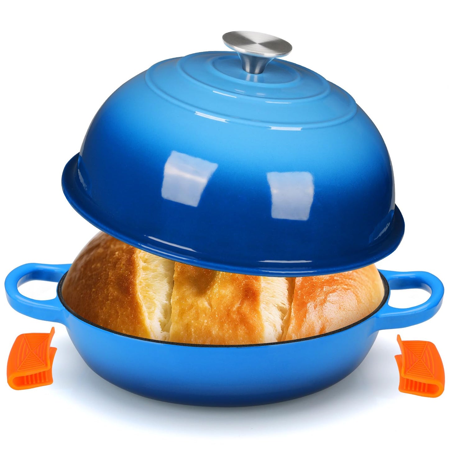 LIFERUN 6qt Enameled Cast Iron Dutch Oven for Sourdough Bread Baking, Non-Stick Dome-Shaped Bread Oven Pot with Lid, Silicone Handles and Scraper, Blue