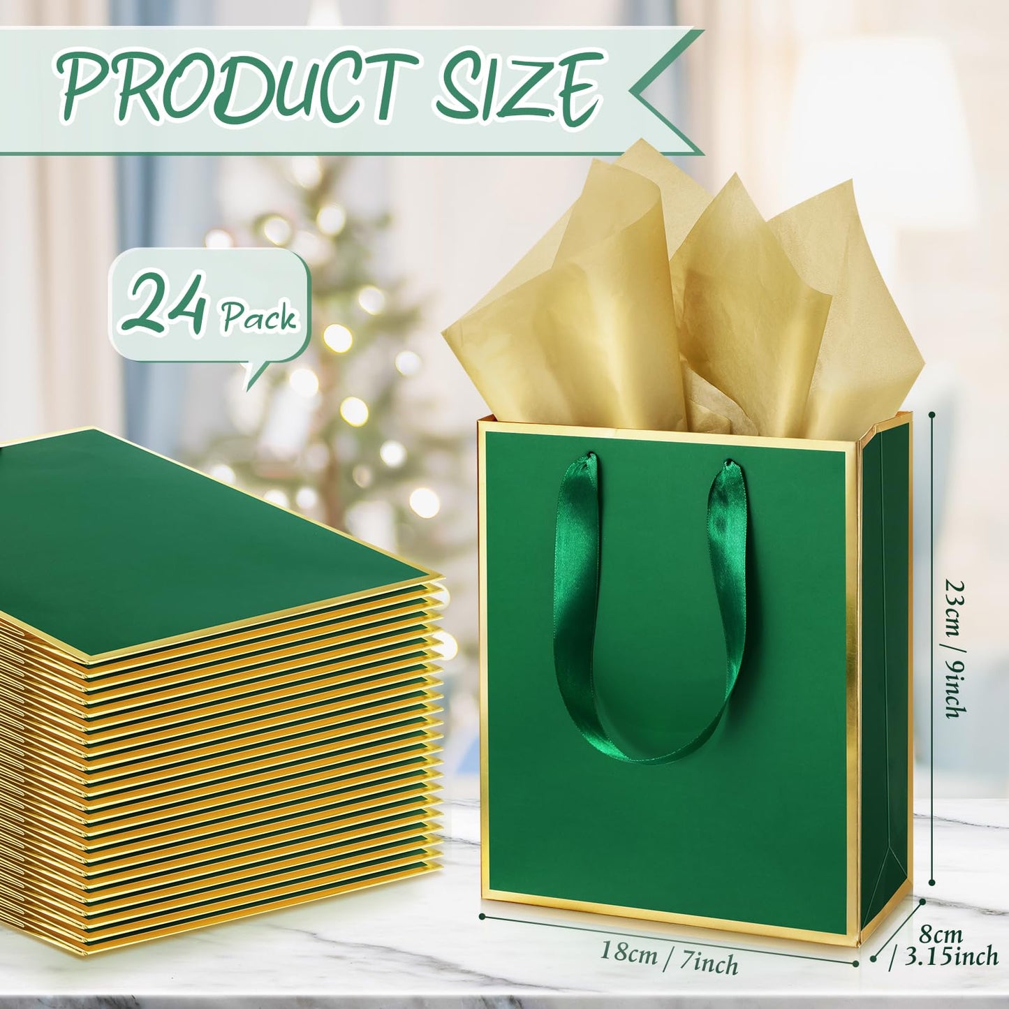 Yeaqee 24 Pack Metallic Paper Gift Bags with Handle and Tissue 9x7x3.1 Gold Foil Welcome Thank You Favor Bags Return Gifts for Wedding Mothers Graduation Bridesmaid Birthday(Green Gold)