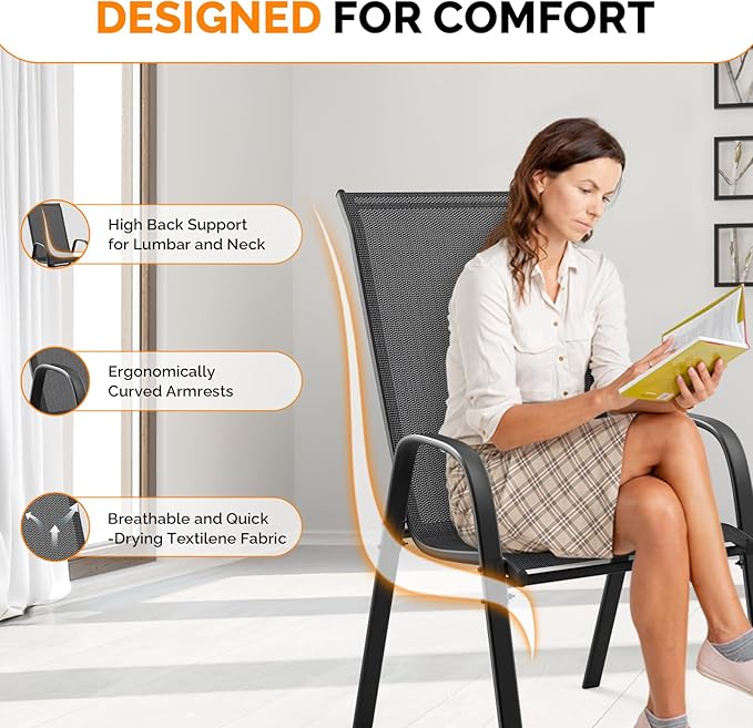 VINGLI Patio Chairs Set of 6 – Stackable Outdoor Dining Chairs with Comfortable Sling High Back Chairs and Armrests for Lawn, Poolside, Courtyard, Balcony, Garden, Black