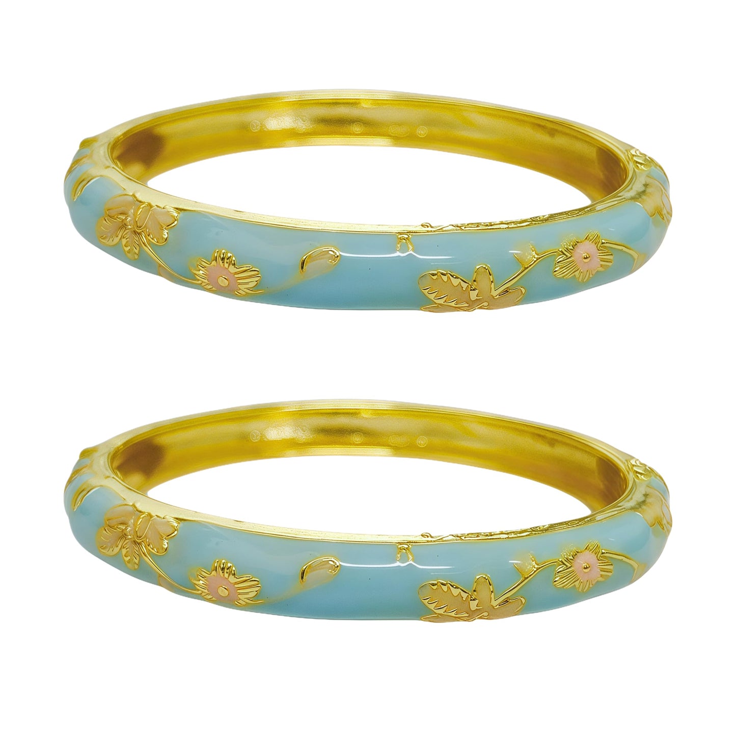 Cloisonne Bracelet For Women, Chunky Bangle Trendy Cute Flower Enamel Bangles Multi Tone Engraved Cuff Gold Plated Bracelets Stackable Wife Jewelry Friendship Gift (Blue&Blue Set, One Size)