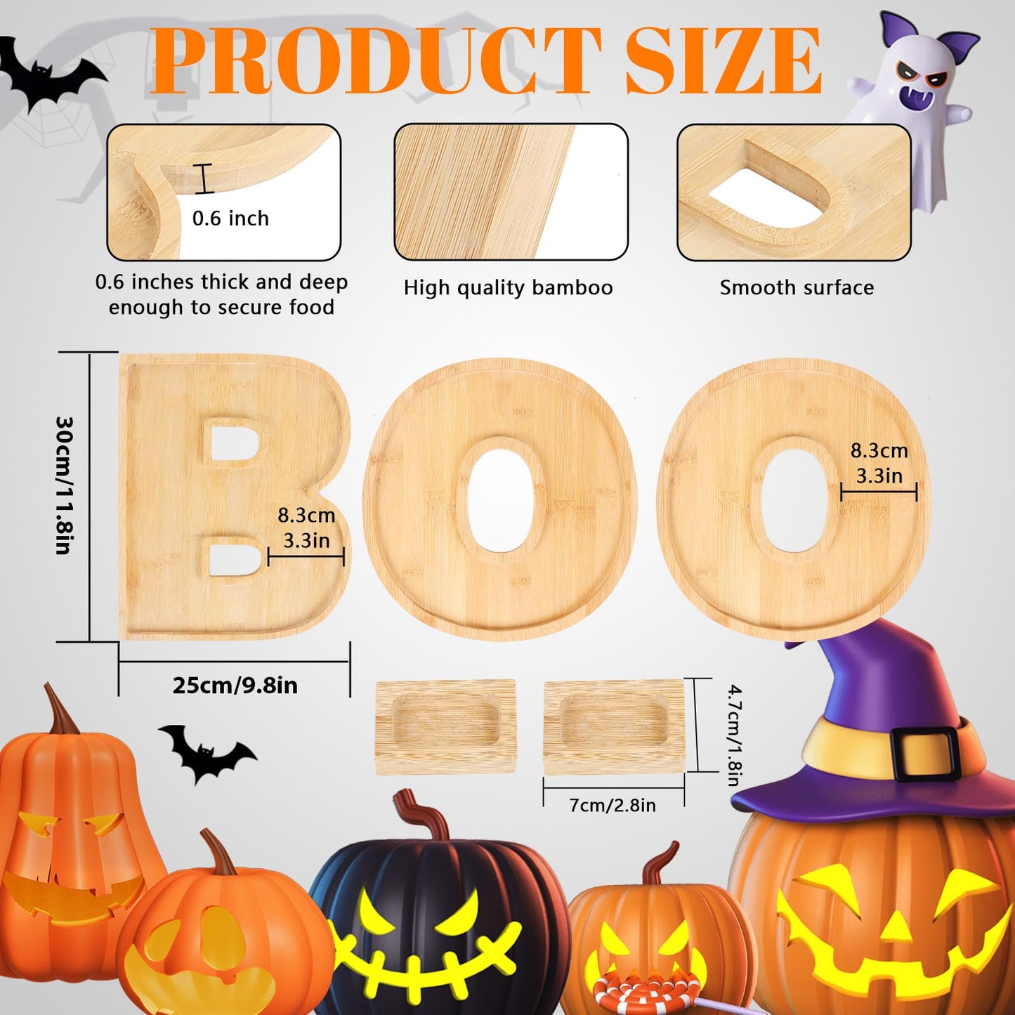 MAGLADY 5Pcs BOO Halloween Charcuterie Board Set, Bamboo Wood Serving Tray Platter with 2 Dipping Saucers Fruit Snack Candy Cupcake Tray Table Decor for Halloween Party