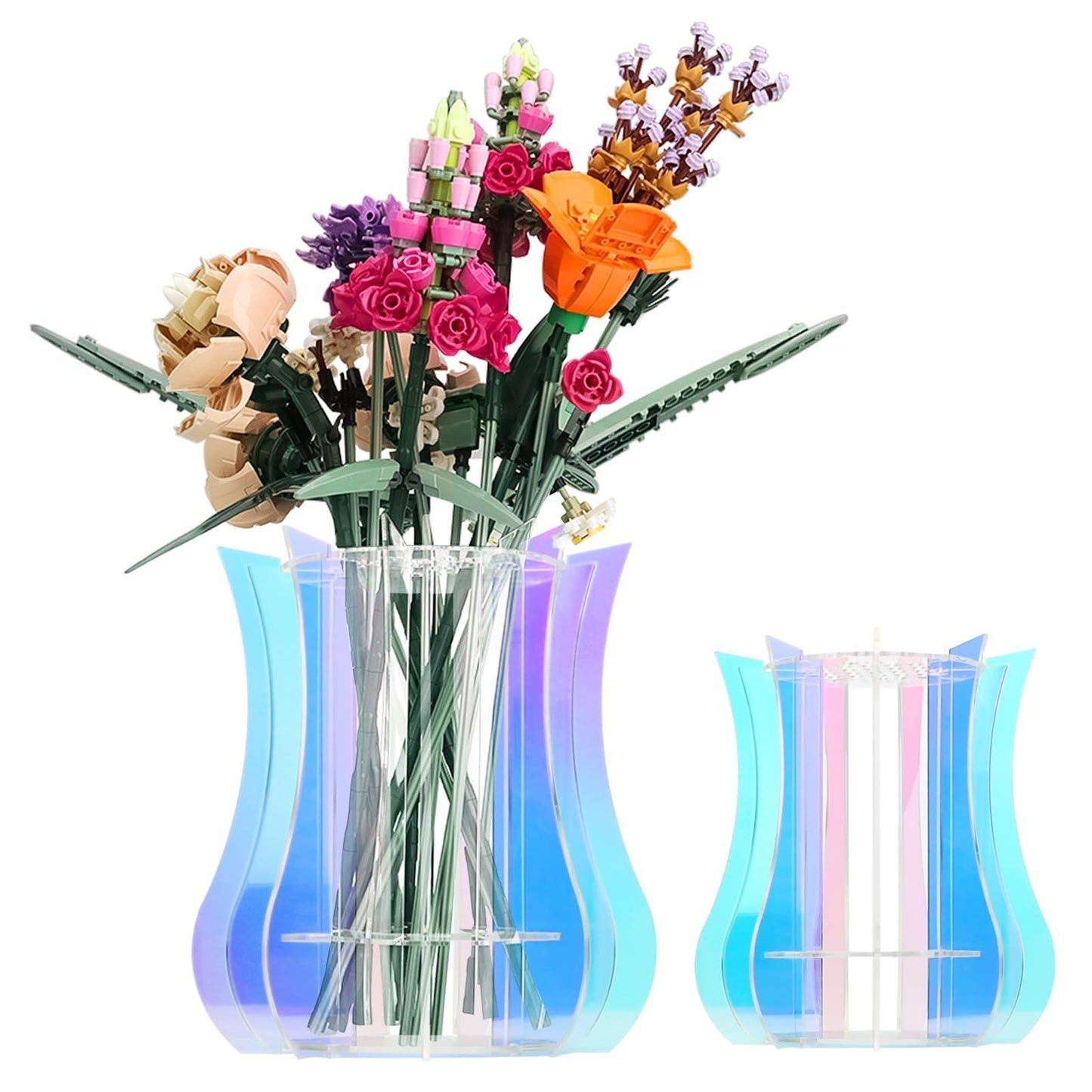 Acrylic Vase for LEGO Flowers - Sturdy Display Stand & Holder for LEGO Flower Bouquet Building Set, Botanical Collection, Roses & Orchids | 32-Stem Arrangement Design (Rainbow)