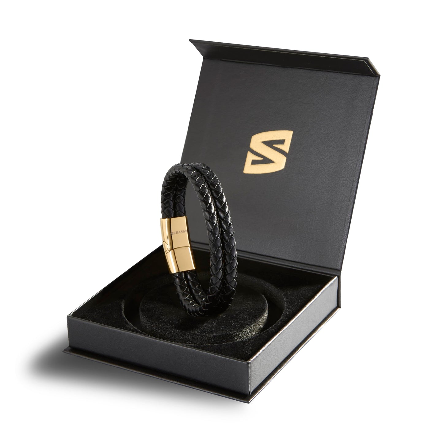 SERASAR Bracelets for Men 20cm Gold Gift Box Genuine Leather Cowhide Braided Adjust Able Magnetic Clasp Multi Layer Jewellery Rope Man Mans Male Mens Band Jewelry Accessories