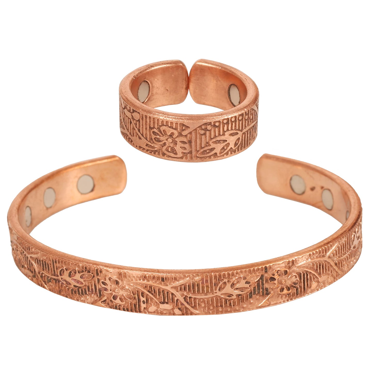 Touchstone Copper Magnetic Hand Forged With Solid And High Gauge Engraved Petals Pattern Minimalistic Elegance Pure Copper Bracelet And Matching Ring In Natural Tone.