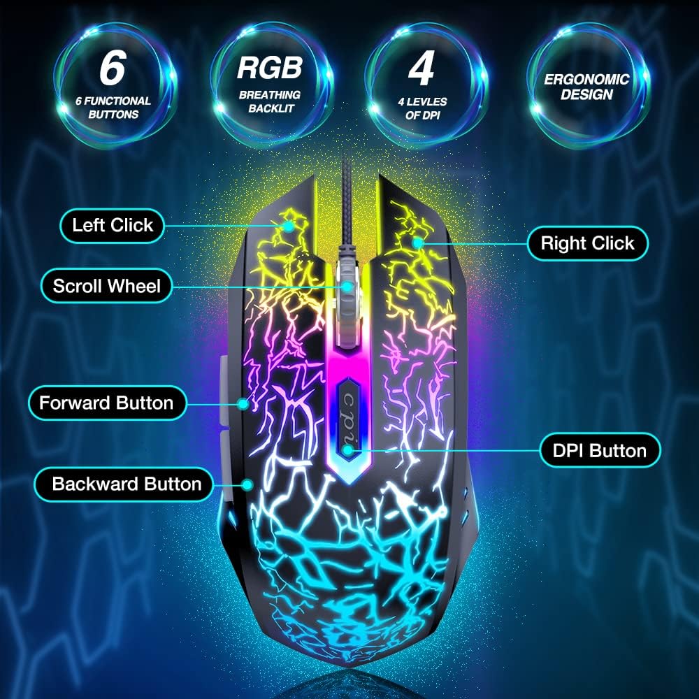 BENGOO Gaming Mouse Wired, Ergonomic Gamer Laptop PC Optical Computer Mice with RGB Backlit, 4 Adjustable DPI Up to 3600, 6 Programmable Buttons for Windows 7/8/10/XP Vista Linux -Black