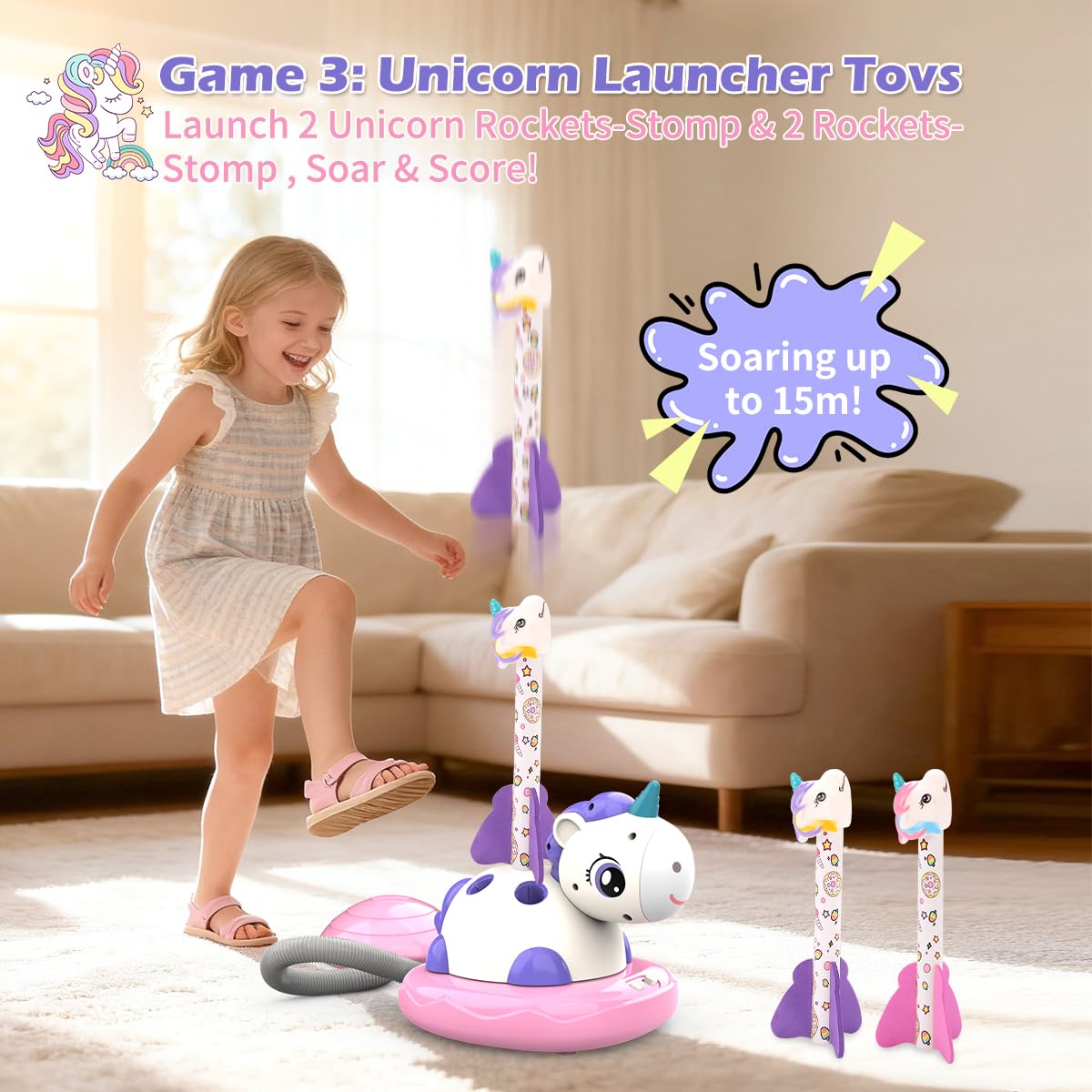 RUIDYA 3 in 1 Musical Jump, Toss Ring Game and Stomping Launch Unicorn Rocket Launcher for Kids Outdoor Toys with Remote Control, Indoor Outside Toy for Kids Ages 3-8