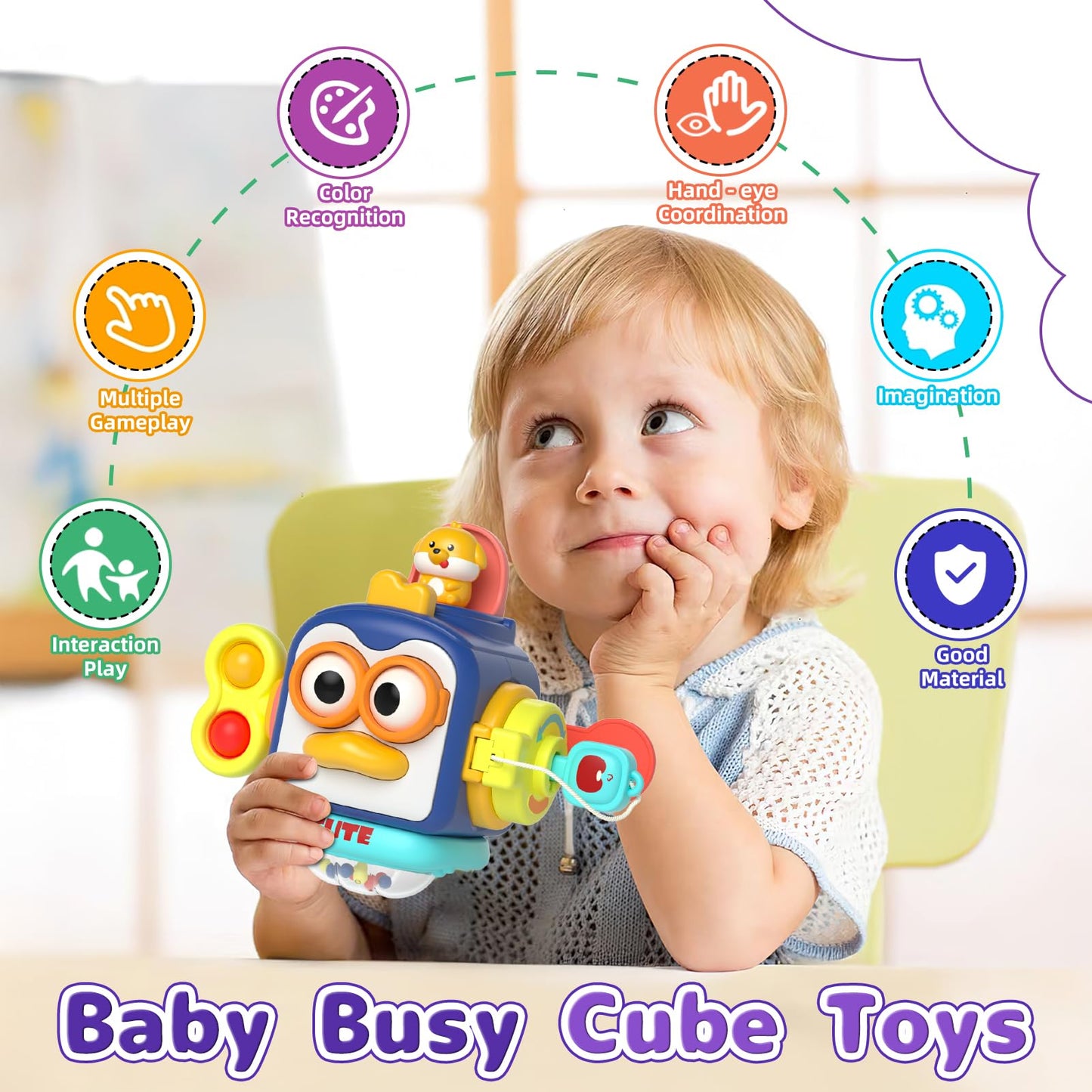 usrela 5 in 1 Baby Toys for 12 18 Month, Learning Toy for Babies 12-18 Months, Baby Busy Cube, Stacking&Sensory, Pull String&Piano Xylophone Toy, Birthday Gift for 12+ Month