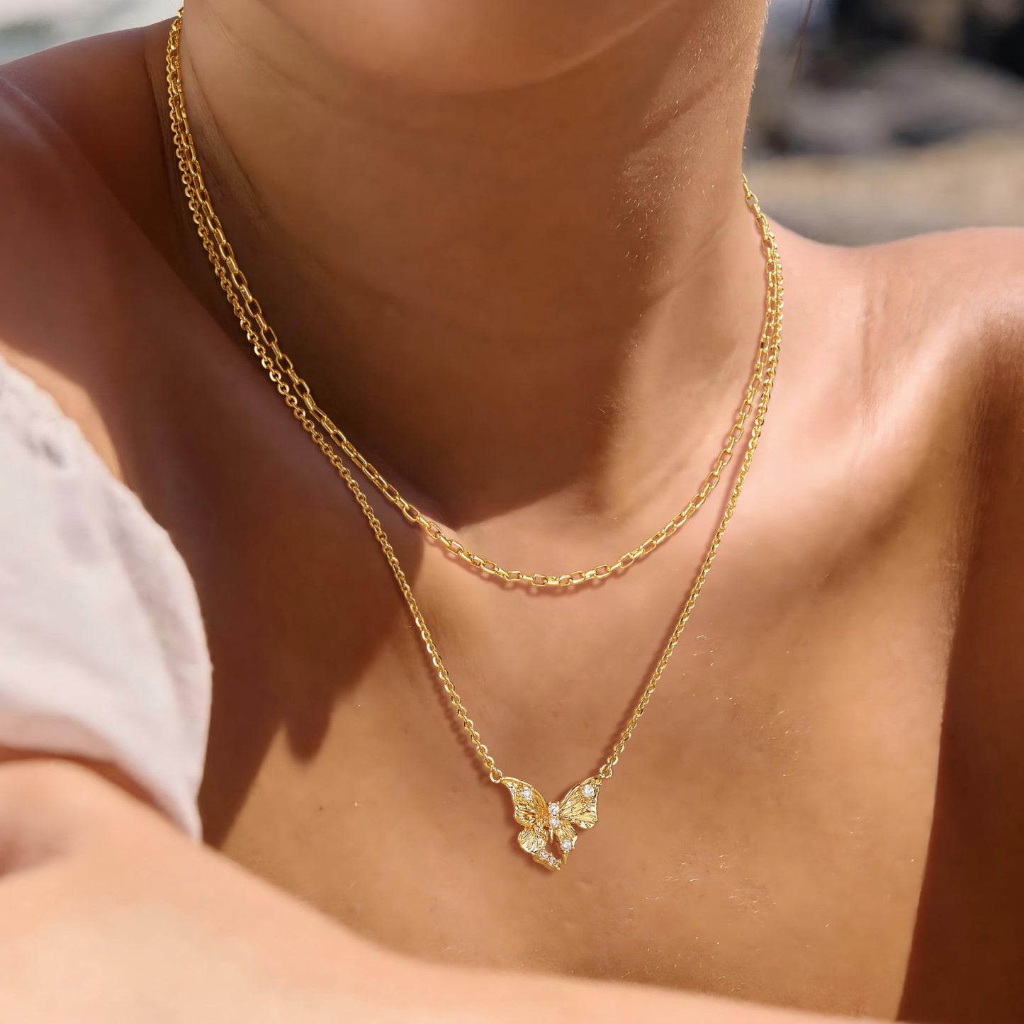 MEVECCO Gold Butterfly Layered Necklace for Women 18K Gold Plated Dainty CZ Charm Choker Cable Chain Double Layer Pendant Necklace Stack Minimalist Handmade Layering Jewelry Set Gift