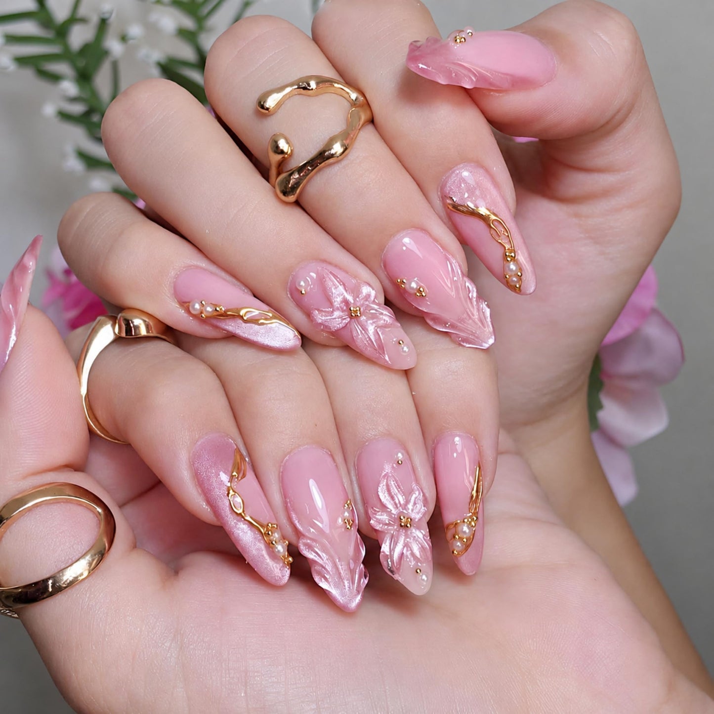 Long Press on Nails Almond Fake Nails Pink Artificial Nail Floral Stick on Nail with 3D Flower Pearl Gold Line Shimmer Accent Romantic Look for Women 24pcs