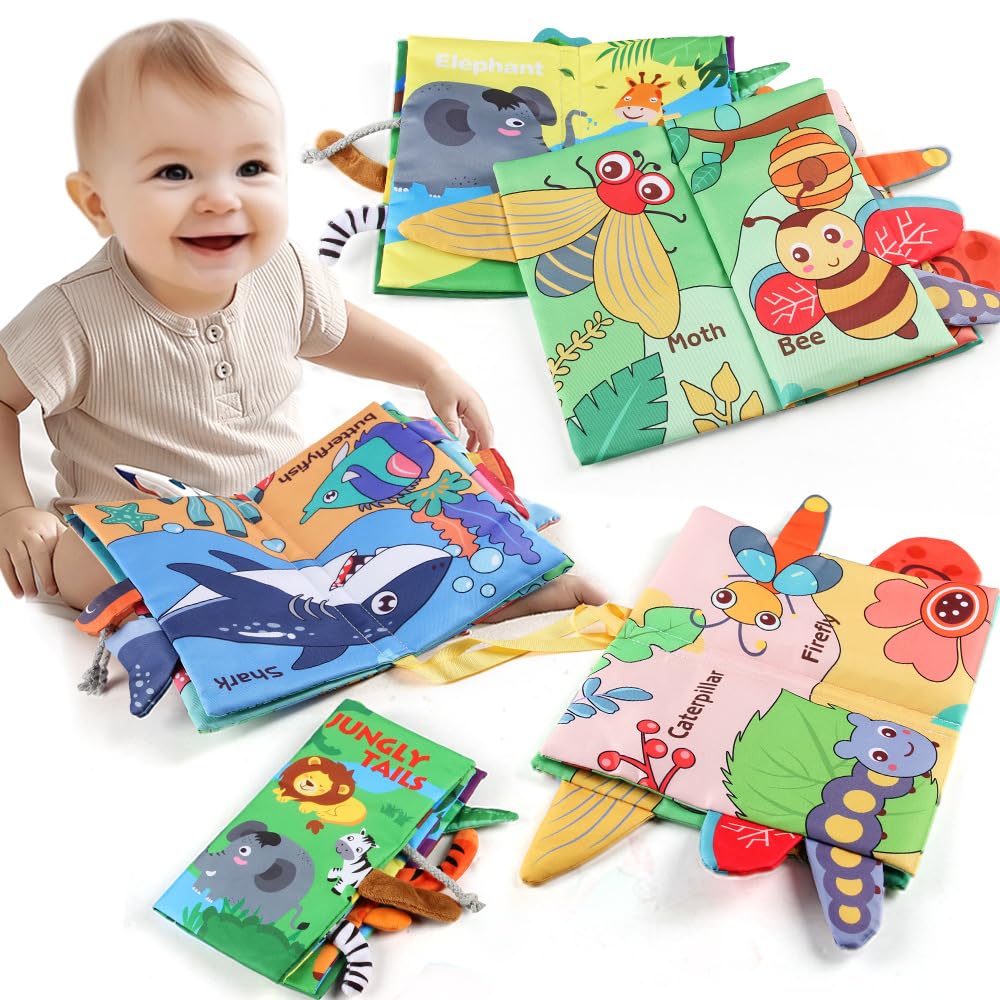 GZYFUVALW Baby Cloth Book Toys with Tails, Stroller Soft Toys for Infant Baby 0-18 Months (Insects)