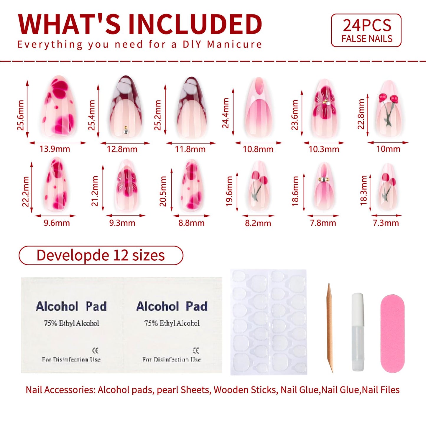 Medium Almond Press on Nails Red cherry French False Nails with 3D Designs Coffin Nails Full Cover Artificial Stick on Nails Reusable Acrylic Nails Glue on Nails for Women Manicure Kit 24PCS