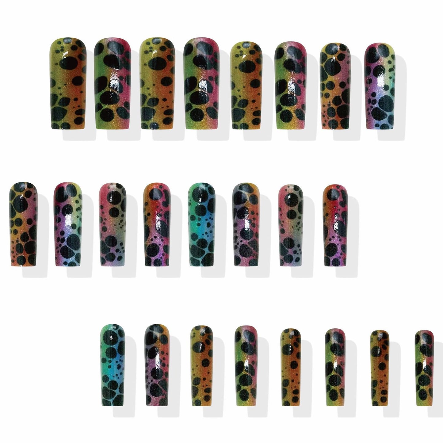 MISUD Press on Nails - Long Square Fake Nails with Colorful Ombre, Acrylic Black Tortoise Shell Design 24 pcs