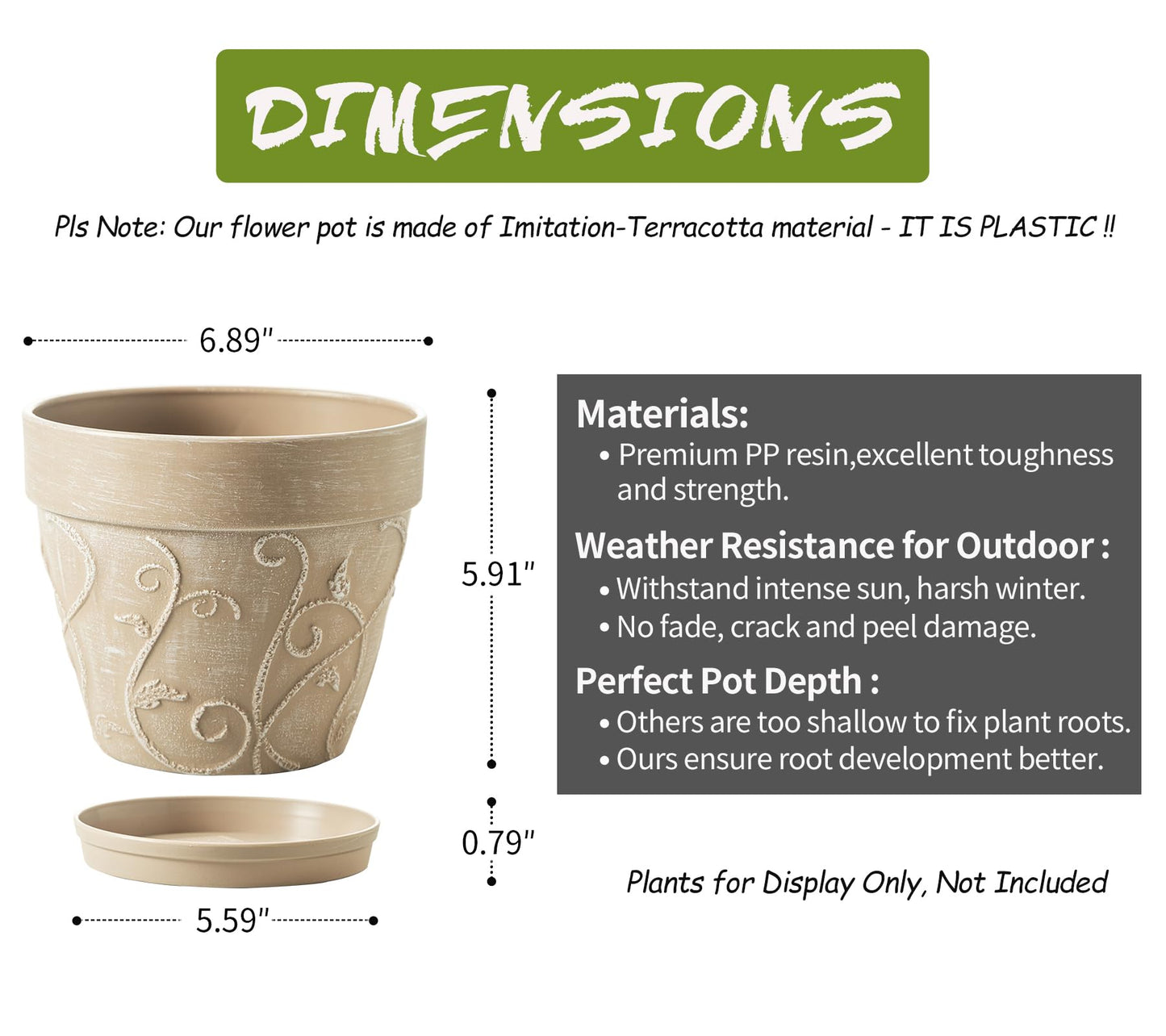 Melphoe Plant Pots Indoor with Drainage & Saucer, 2Pack 7 inch Flower Pots Outdoor Planters for Indoor Plants Garden Home Decor Cactus Succulent, Rigid Plastic (Imitation-Terracotta) Vine-Embossed