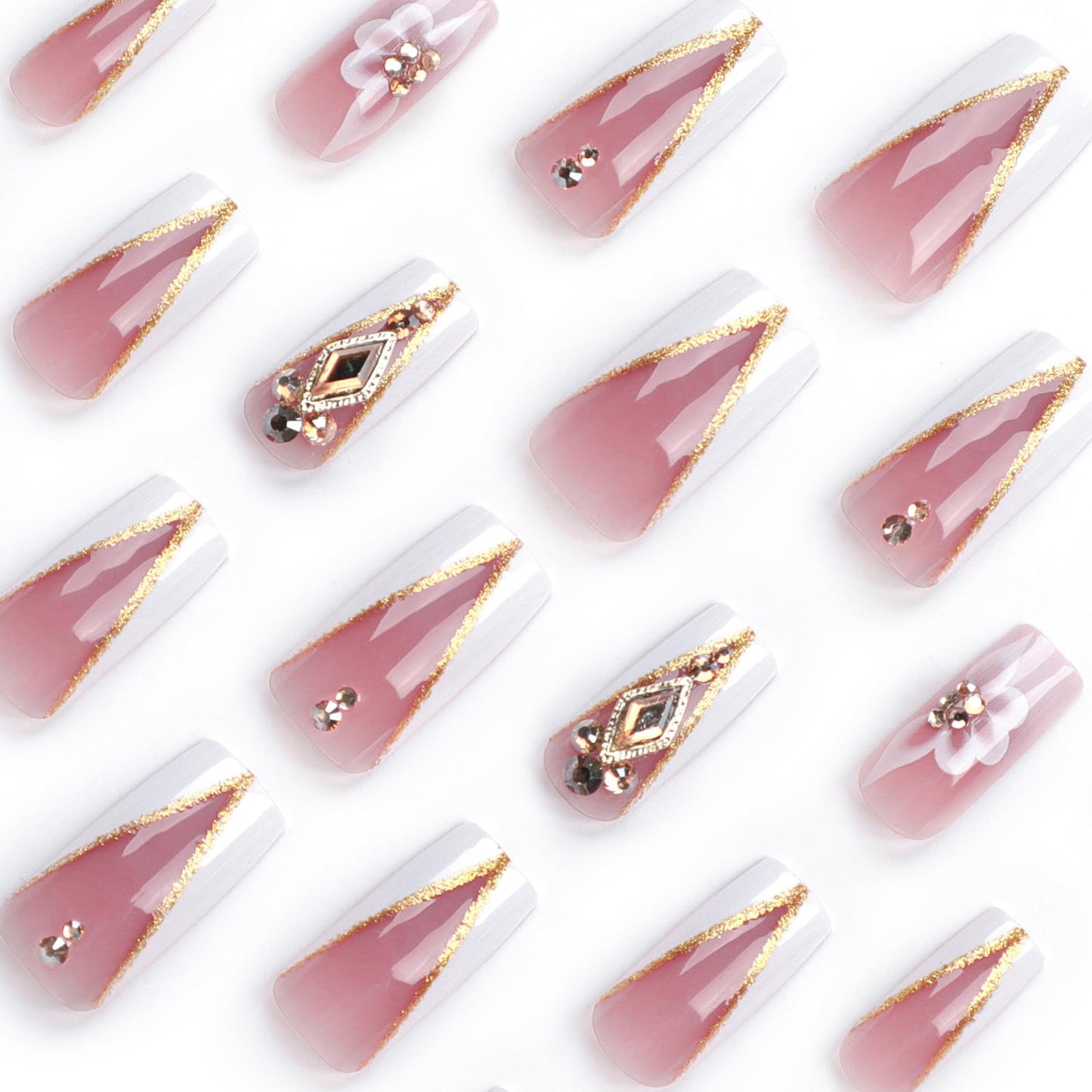 MISUD Press on Nails - Long Square Fake Nails with White French Tip, Acrylic Bling Gold Glitter Rhinestone Design 24 pcs