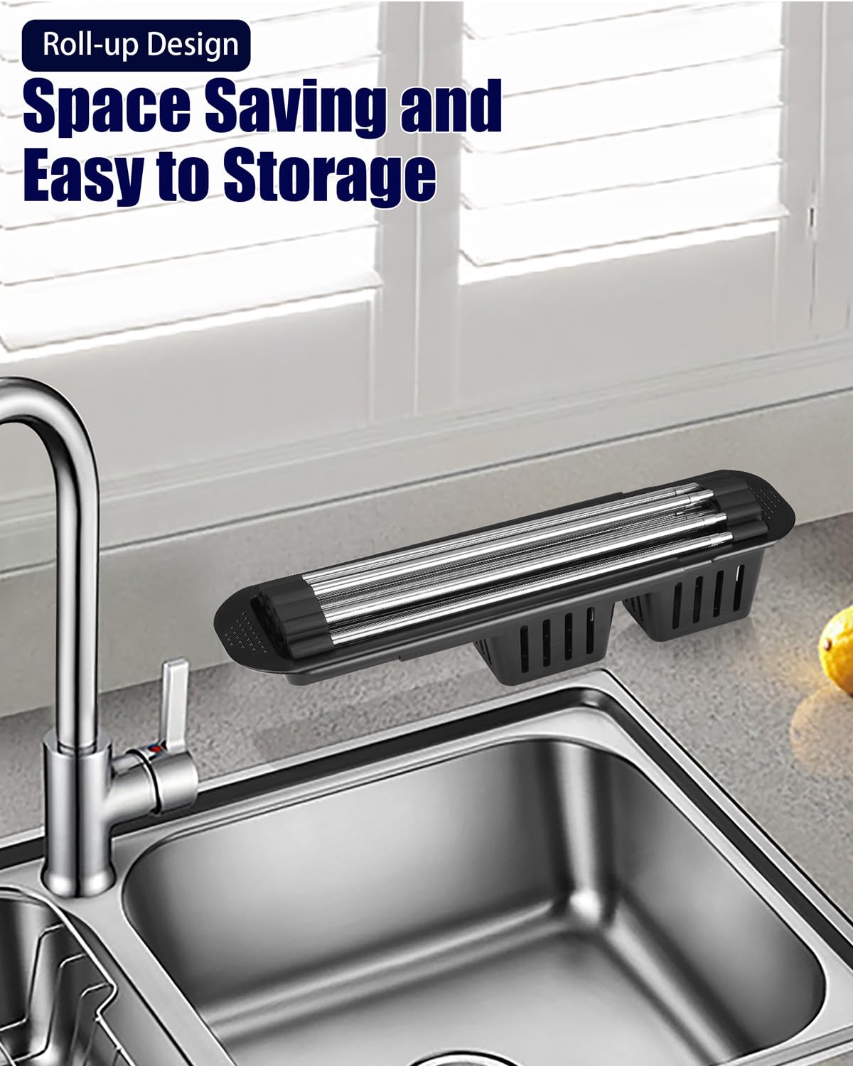 CLNGAI Roll Up Dish Drying Rack,Expandable Over The Sink Dish Drainer,Stainless Steel Kitchen Rolling Sink Rack with Utensil Holder,Length Up to 22.3" (Black)