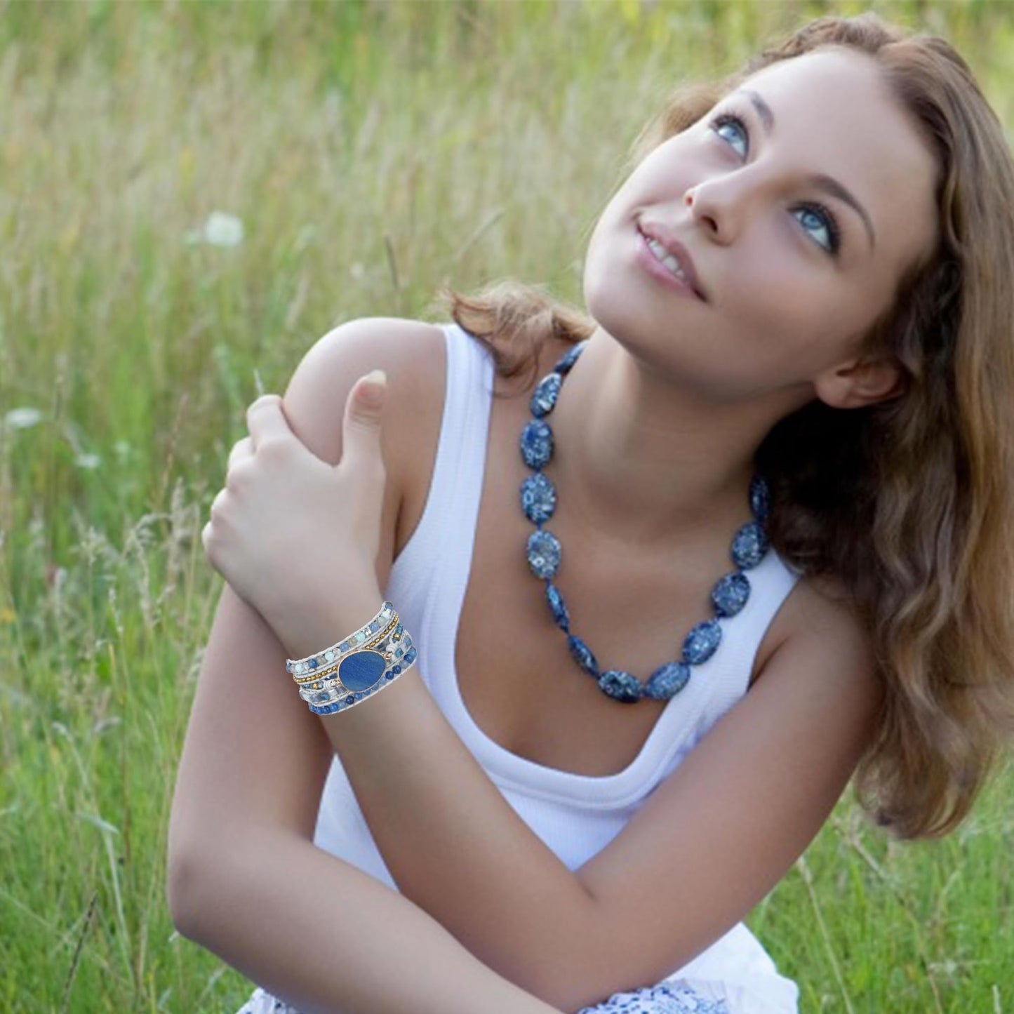 Plumiss Boho Handmade Stone Bracelet for Women Unique Healing Blue Aventurine Jasper Beaded Leather 5X Wrap Bracelets Jewelry for Women