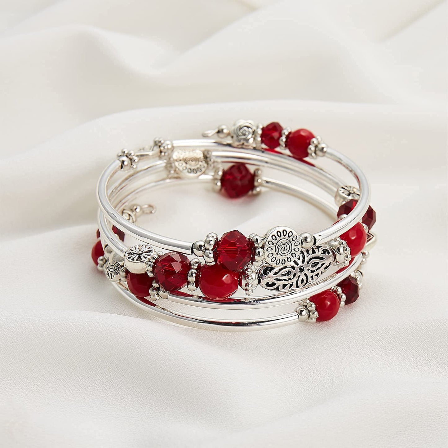 FULU AUTUMN Stackable Beaded Bracelets for Women Boho Wrap Silver Bracelet Layered Fashion Jewelry Gifts for Her(Red)