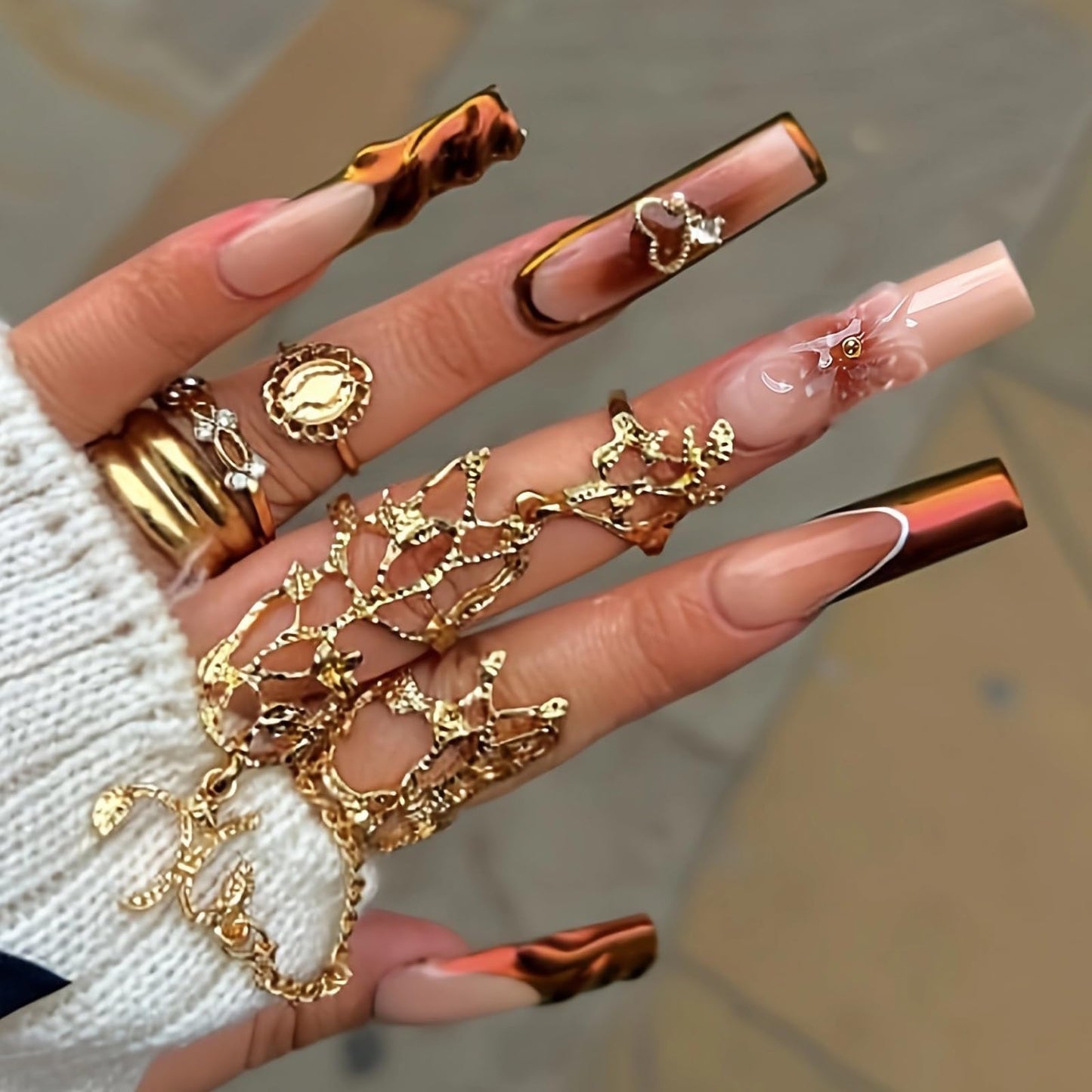 MISUD Press on Nails - Long Square Fake Nails with Brown Chrome, Acrylic French Tip Design 24 pcs