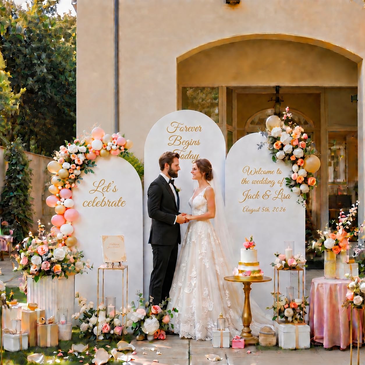GRENTY Metal Arch Backdrop Stand and Cover Set 7.2FT/6.6FT/6FT, Wedding Arch Frame with Spiral Rotating Joint, 3 Wrinkle-Resistant Cover for Birthday, Anniversary, Wedding, Party, Baby Shower